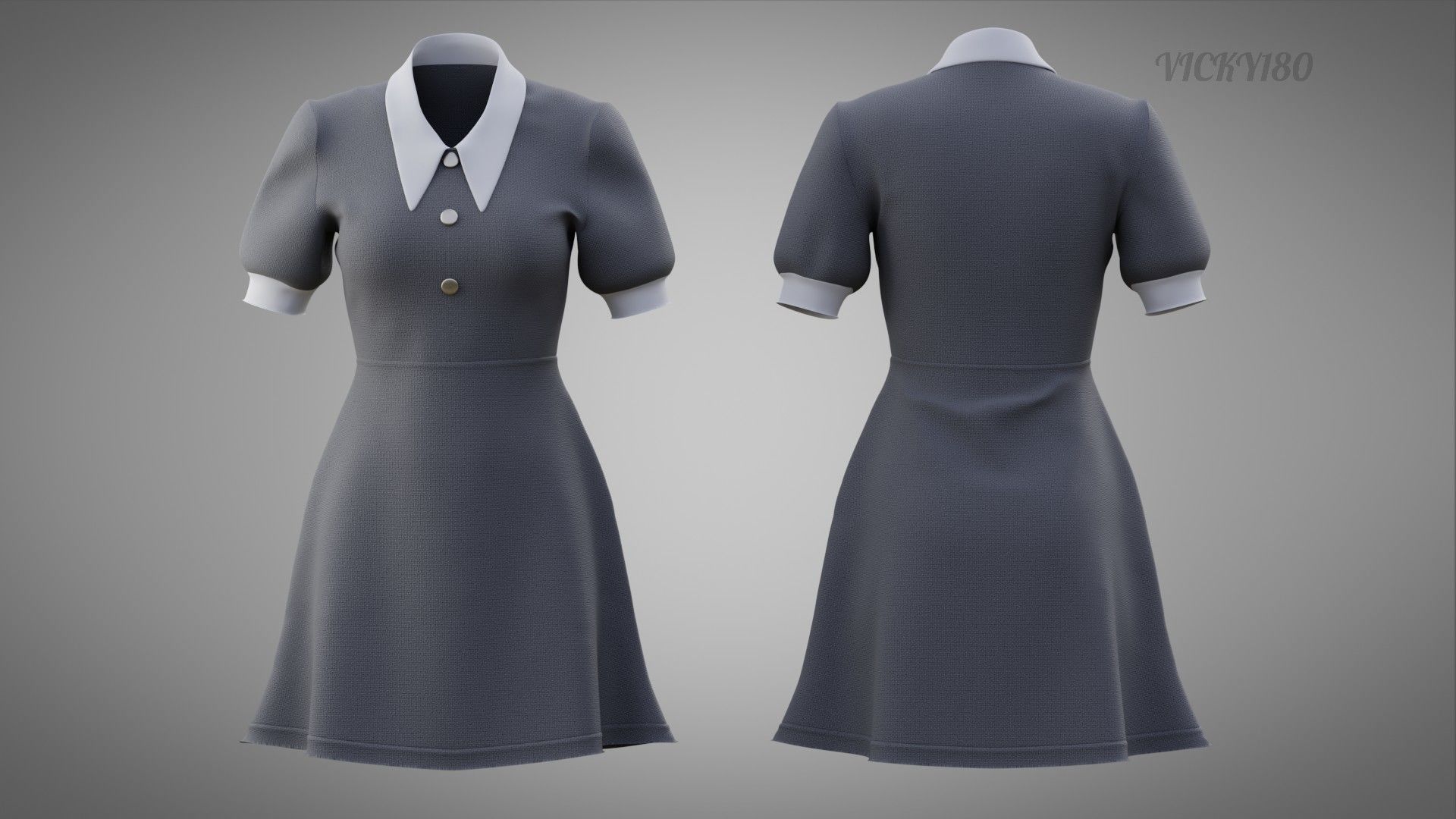 Grey Collared Formal Dress 3D model Low-poly 3D model_16