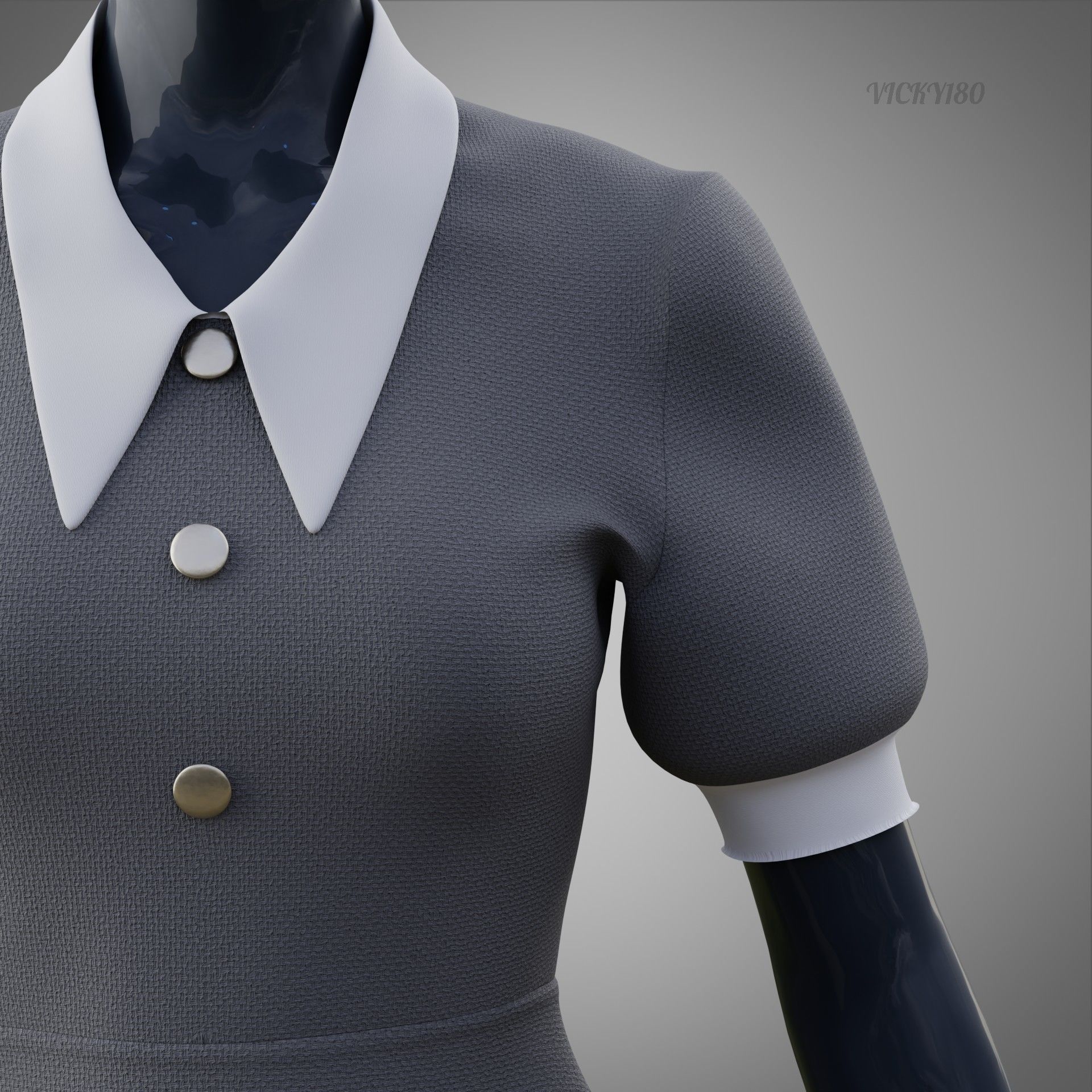 Grey Collared Formal Dress 3D model Low-poly 3D model_13