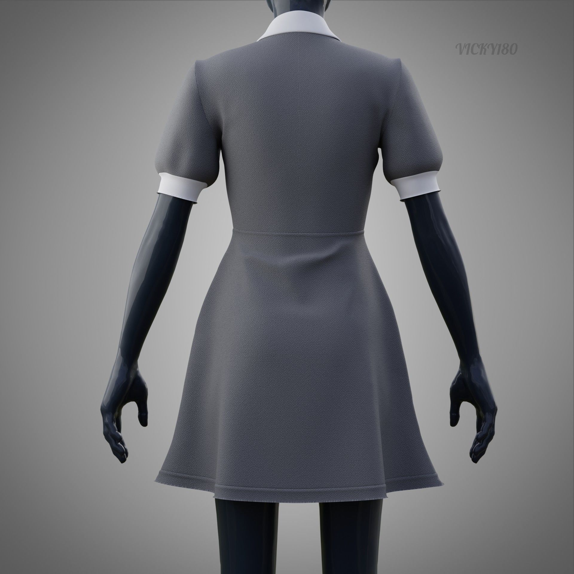 Grey Collared Formal Dress 3D model Low-poly 3D model_9