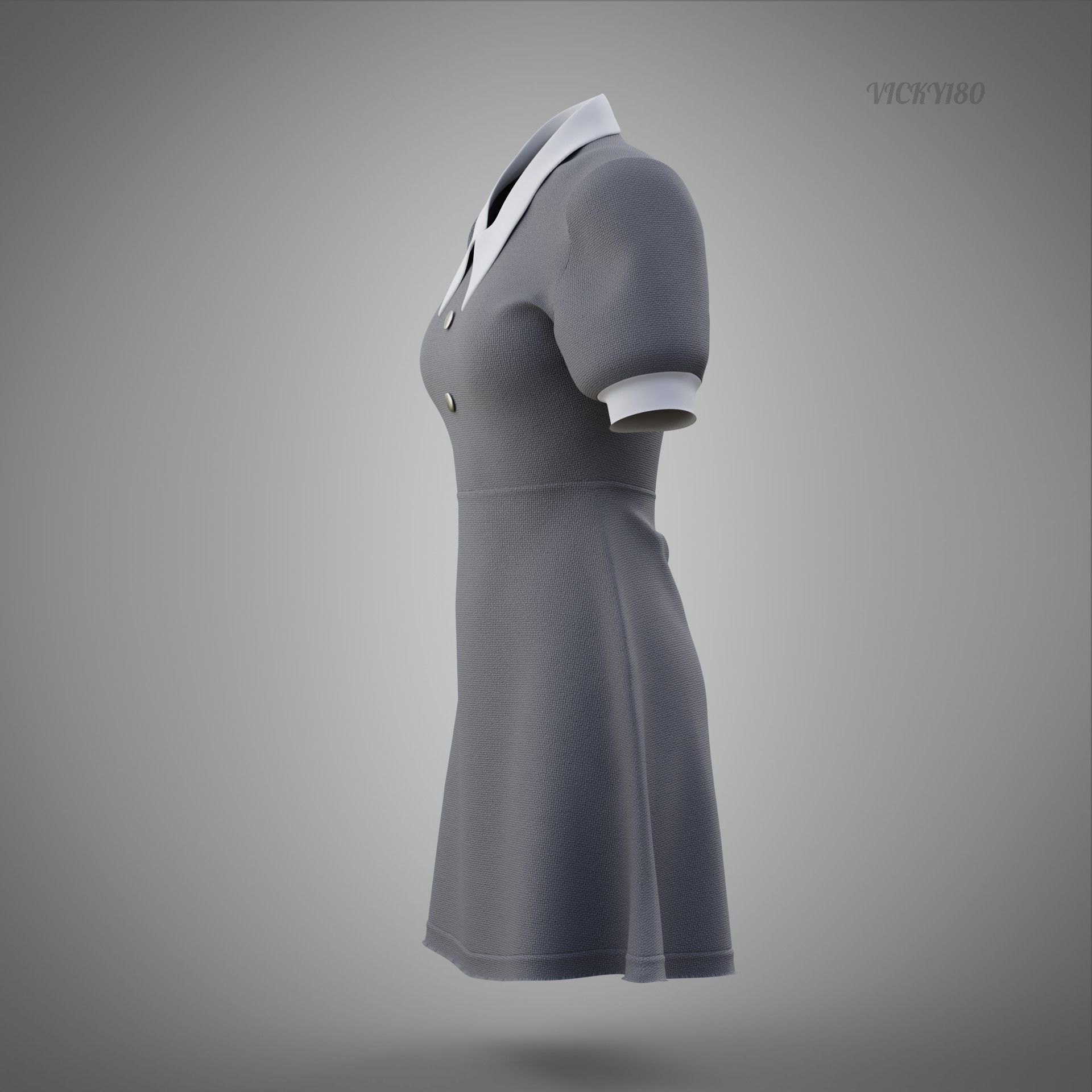 Grey Collared Formal Dress 3D model Low-poly 3D model_27