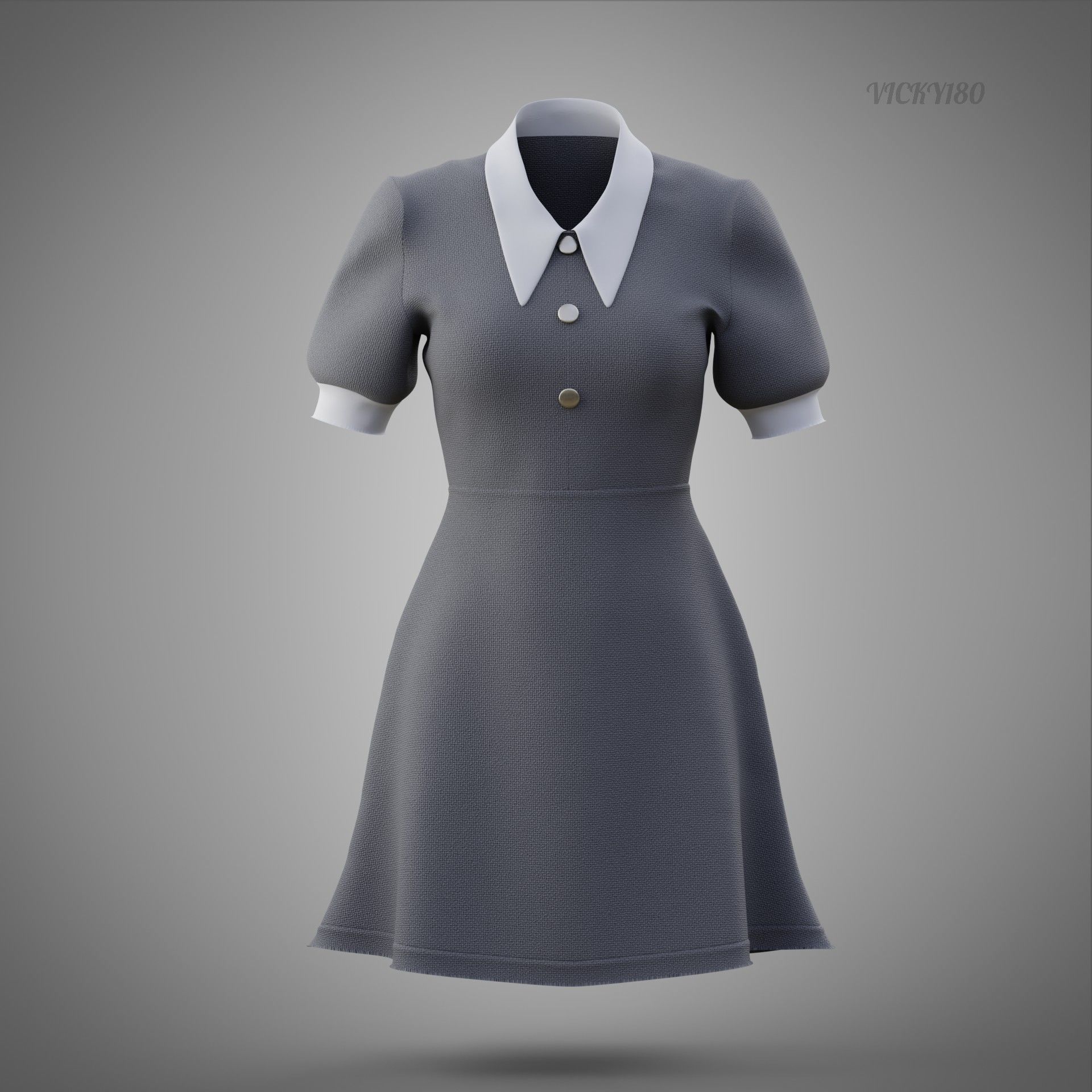 Grey Collared Formal Dress 3D model Low-poly 3D model_19