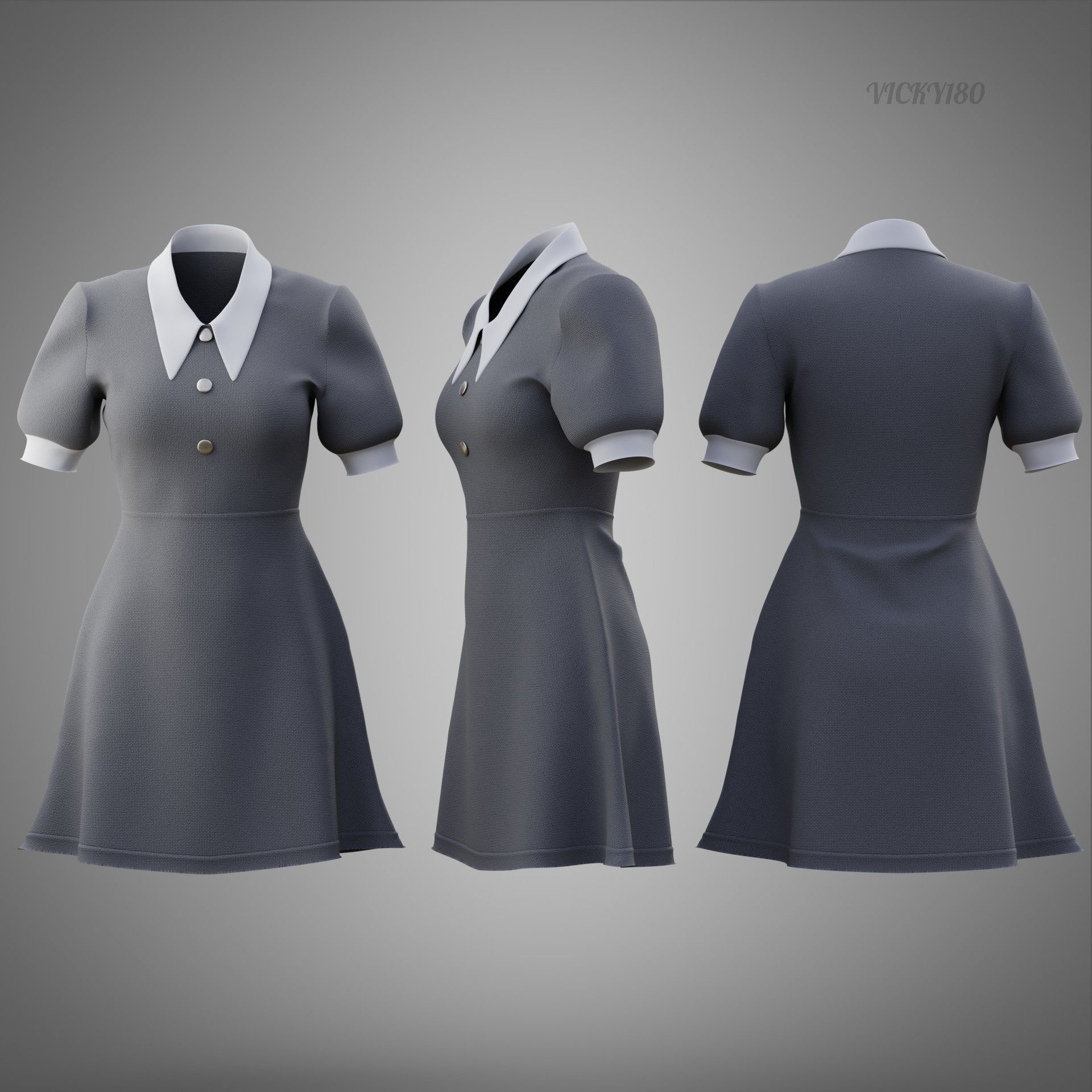 Grey Collared Formal Dress 3D model Low-poly 3D model_1