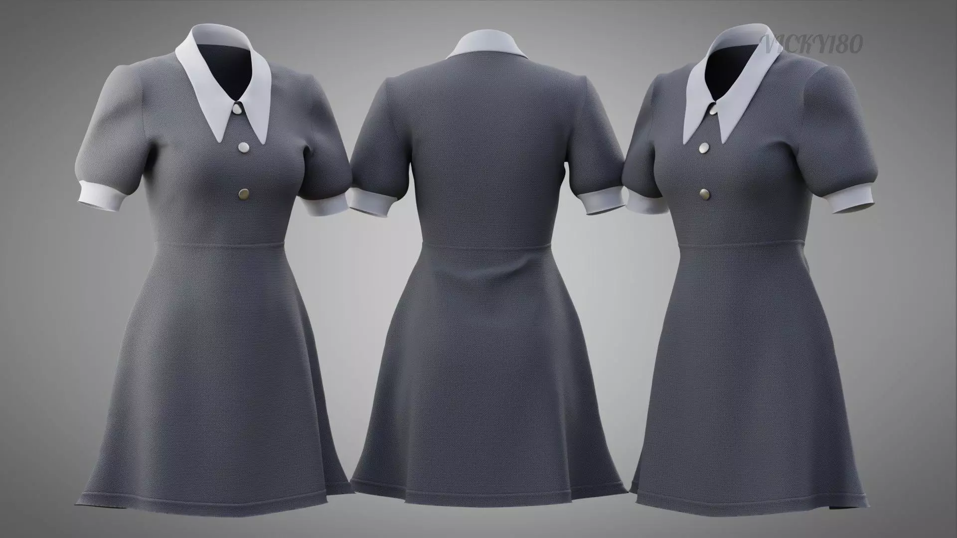 Grey Collared Formal Dress 3D model Low-poly 3D model_0