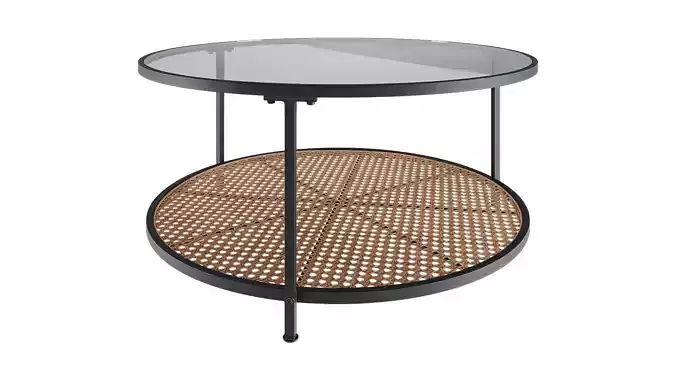 Glass Round Coffee Table With Metal Rattan Shelf