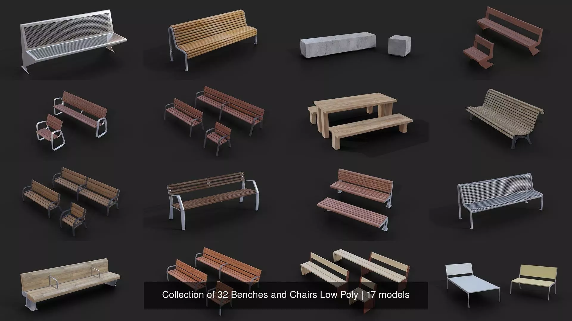 Collection of 32 Benches and Chairs Low Poly _0