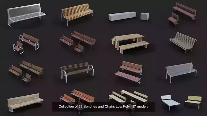 Collection of 32 Benches and Chairs Low Poly 