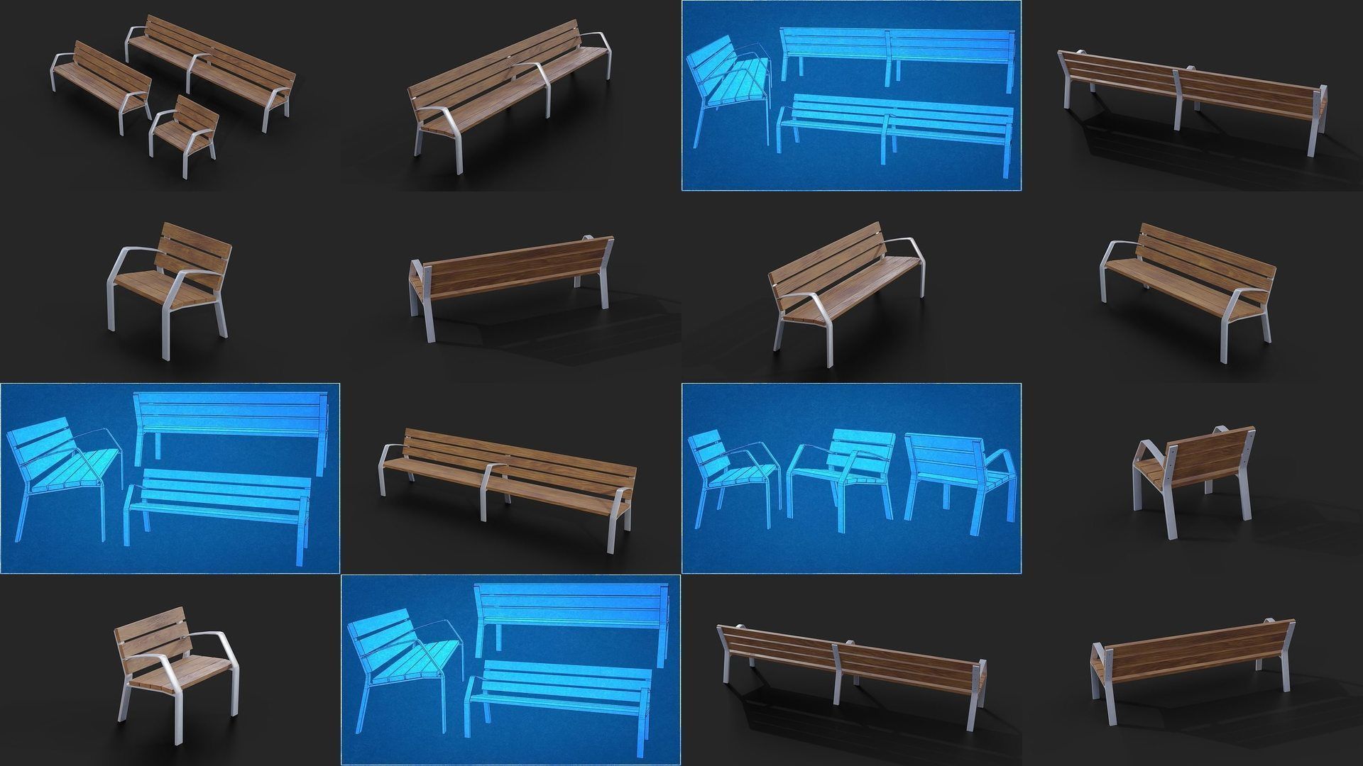 Collection of 32 Benches and Chairs Low Poly _1