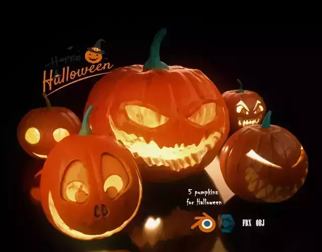 5 pumpkins  for Halloween Low-poly 3D model