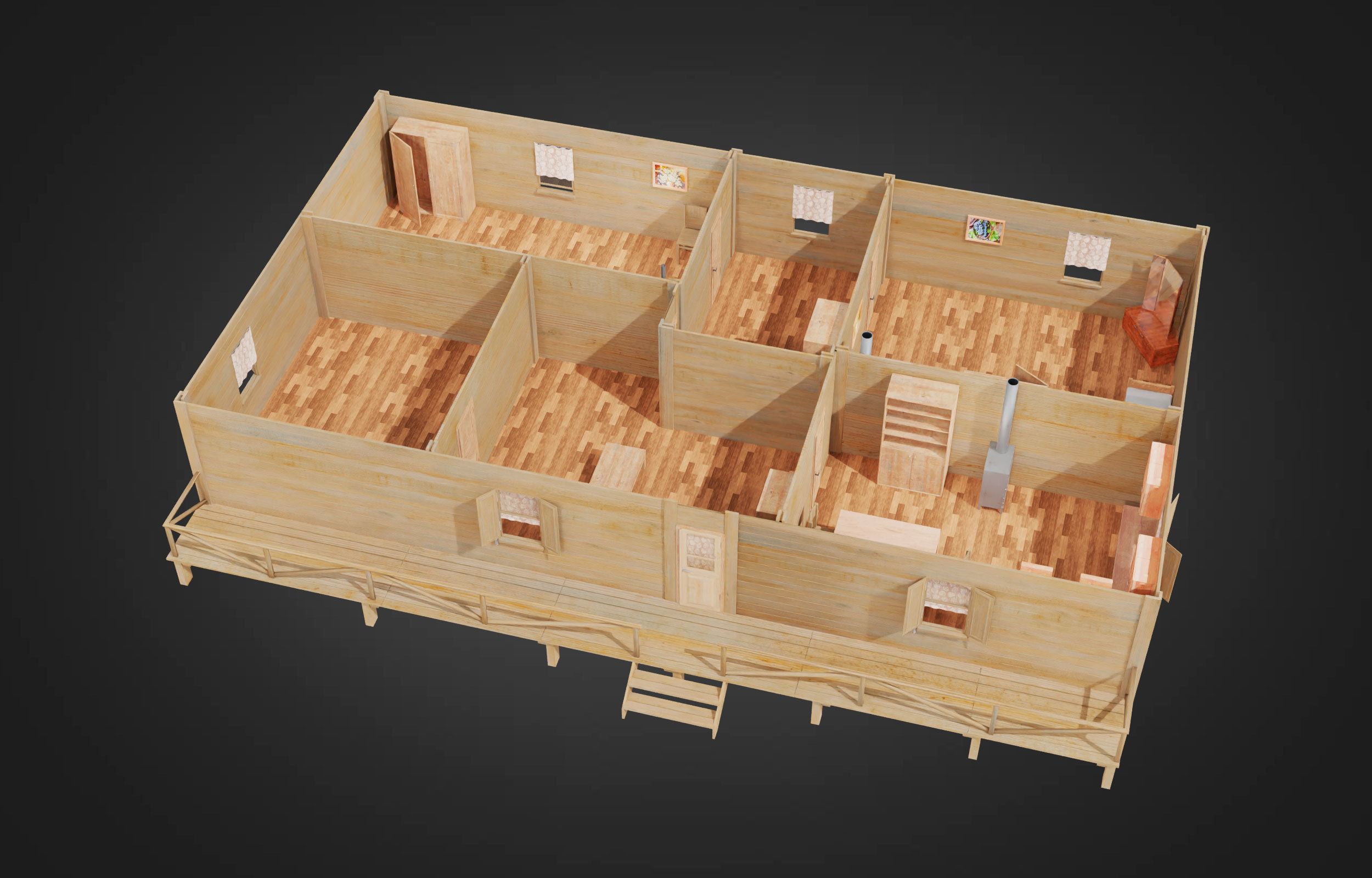 Wooden house on stilts and construction set Low-poly 3D model_2