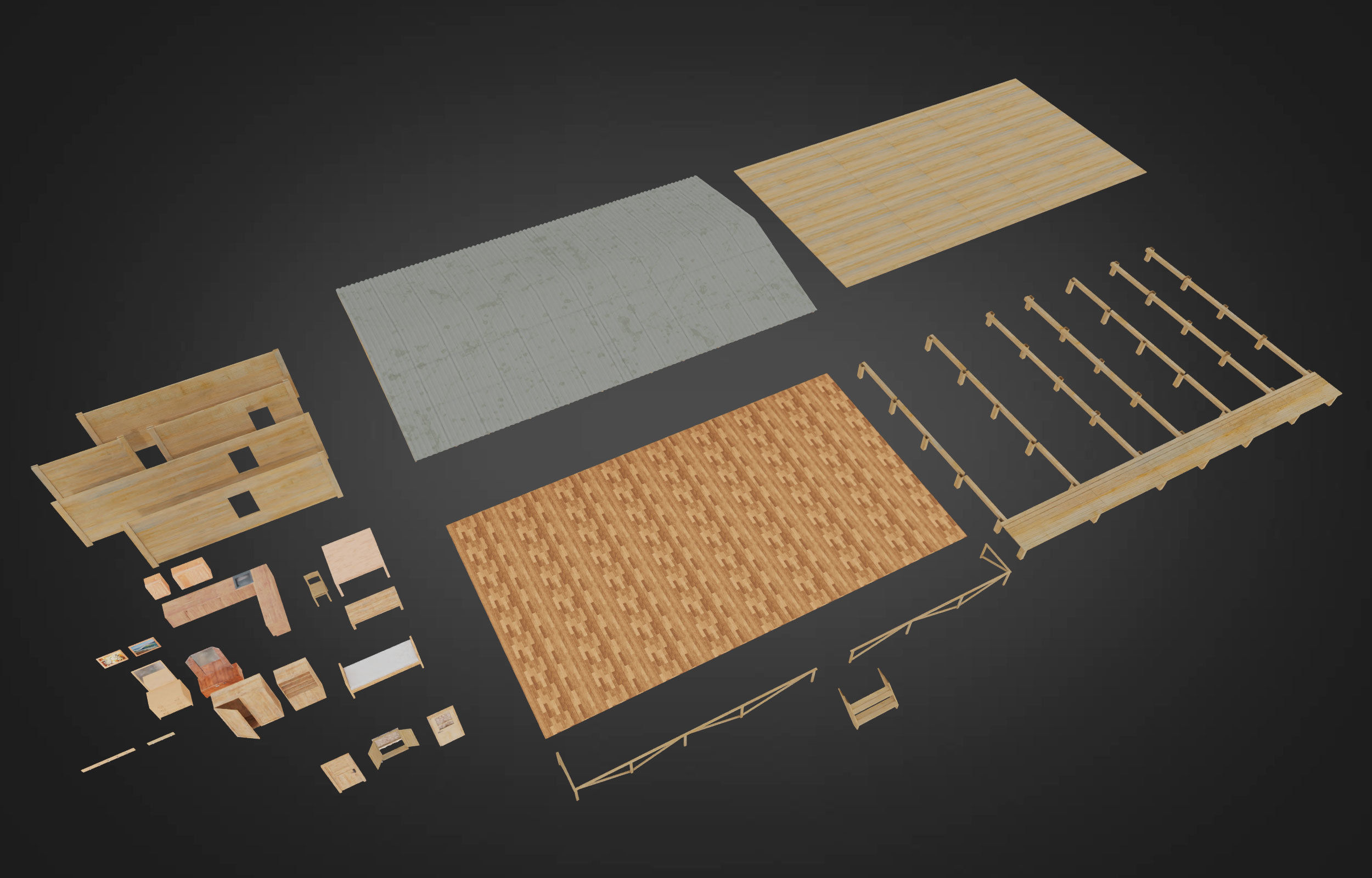 Wooden house on stilts and construction set Low-poly 3D model_8