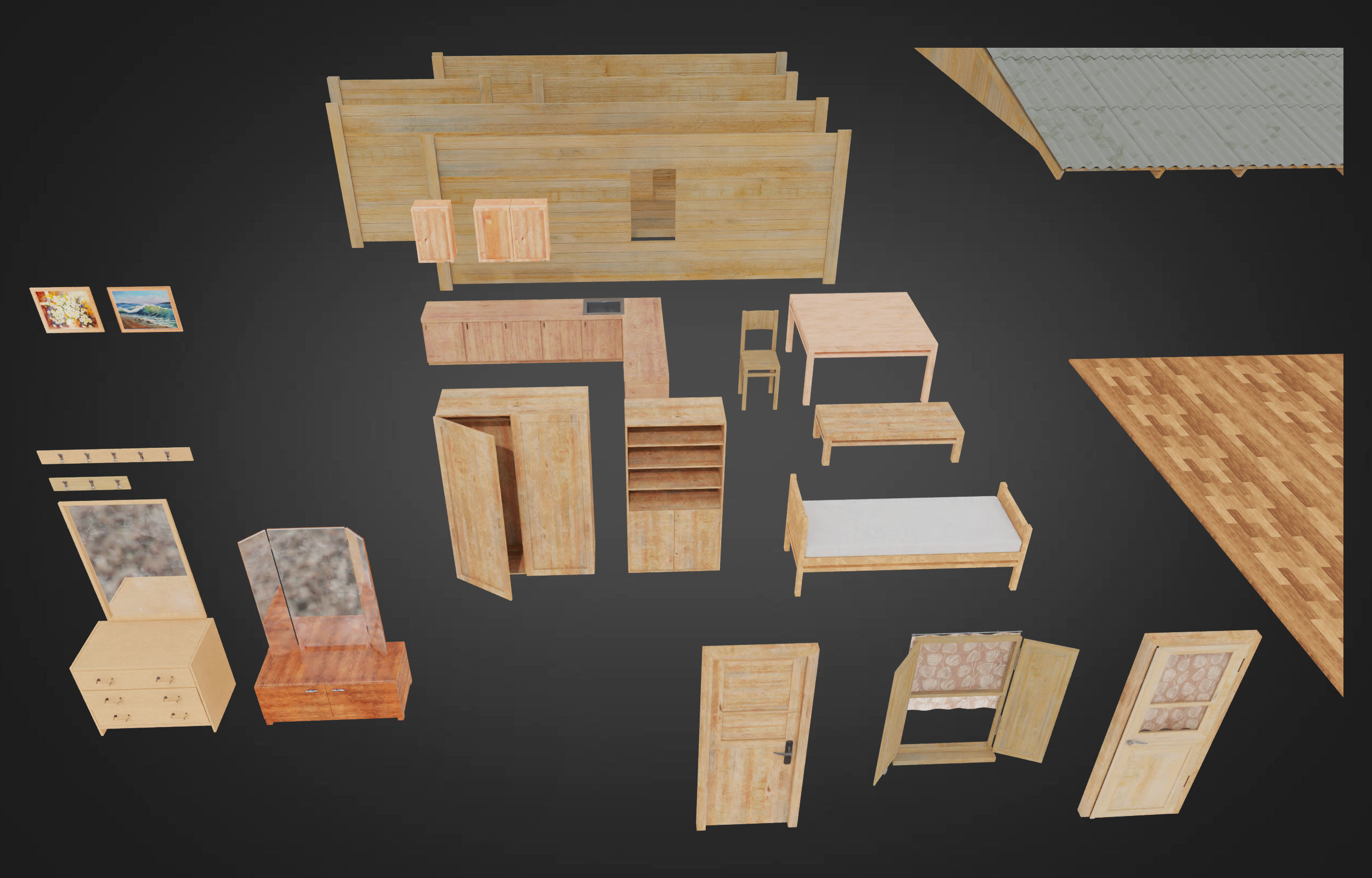 Wooden house on stilts and construction set Low-poly 3D model_9