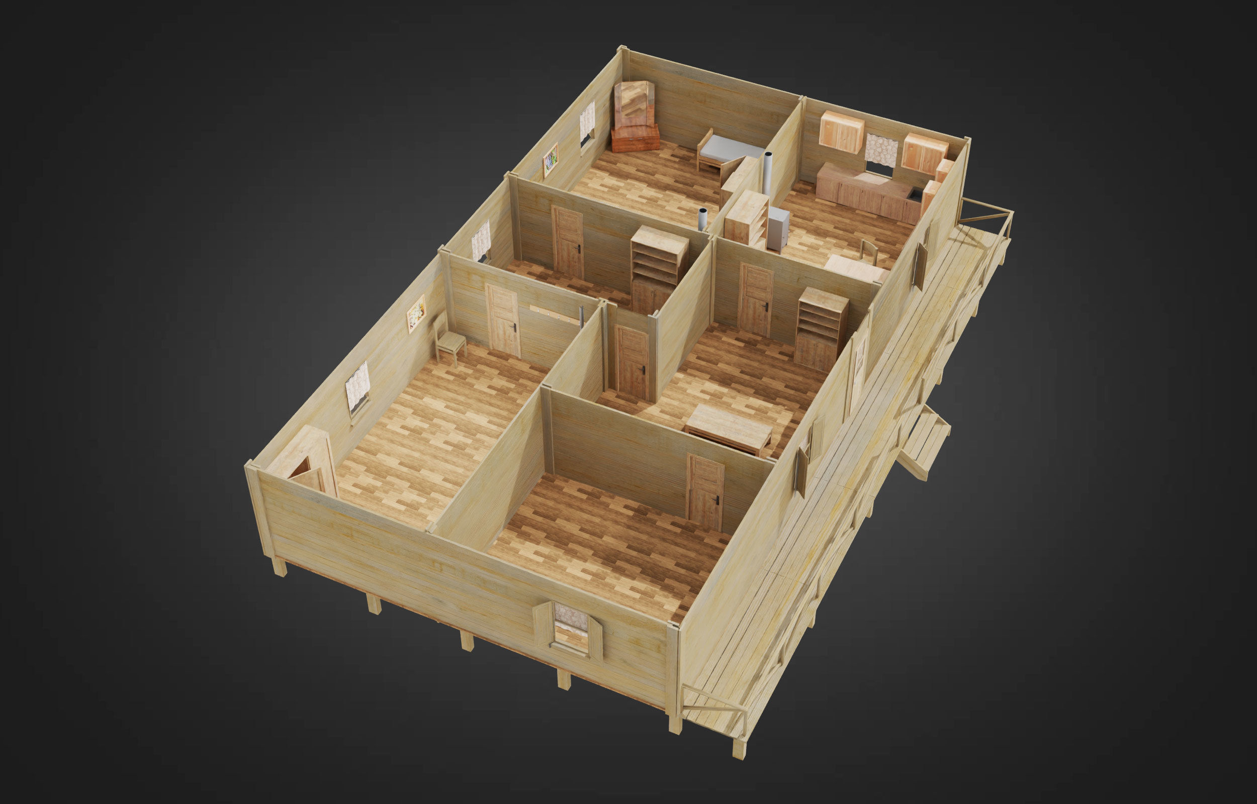 Wooden house on stilts and construction set Low-poly 3D model_3