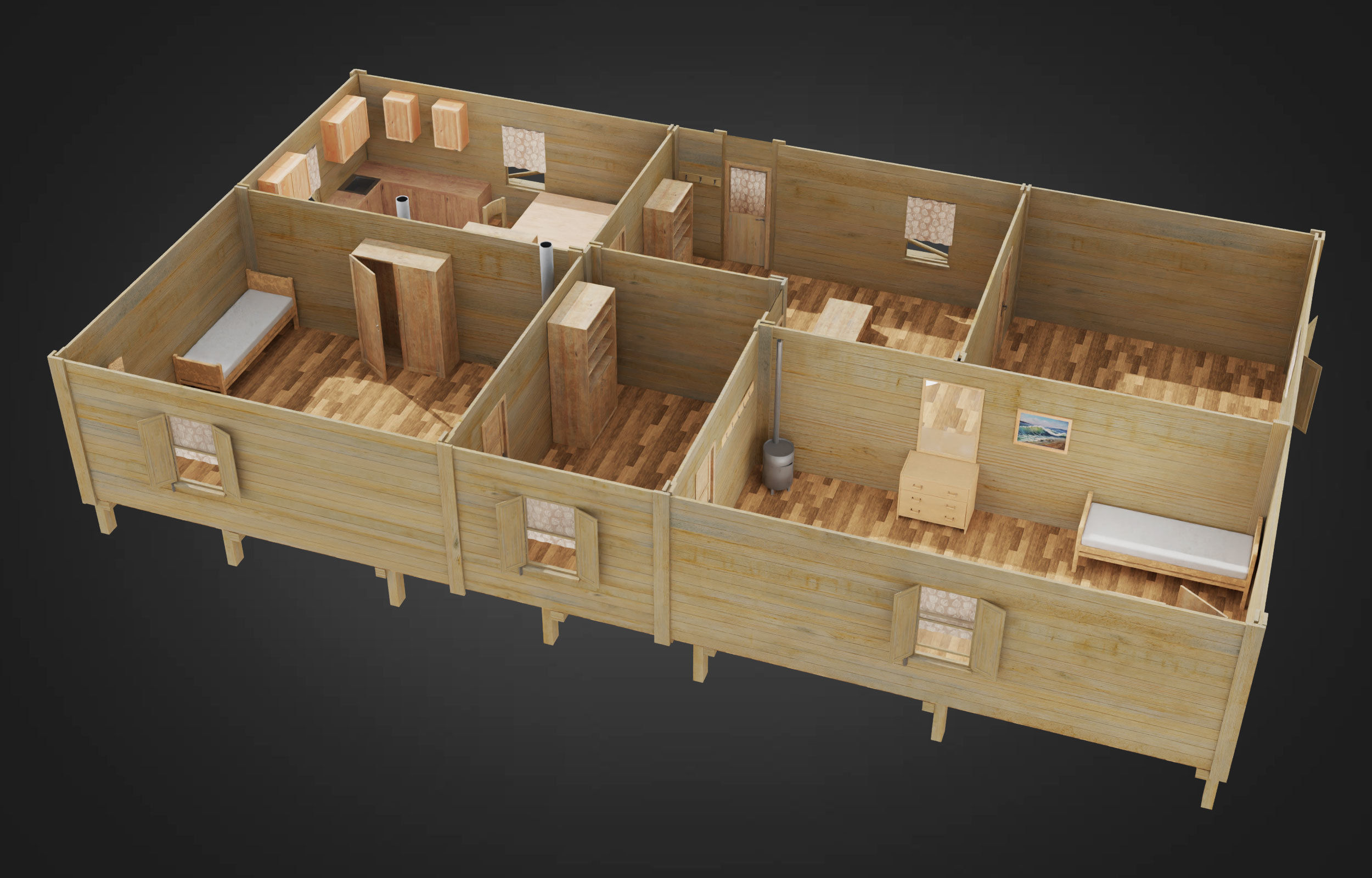 Wooden house on stilts and construction set Low-poly 3D model_4