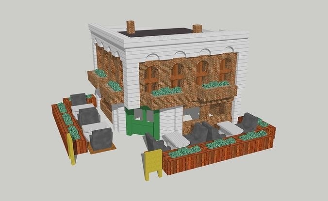 City Building Garden Style Cafe Restaurant by Outland Models Low-poly 3D model