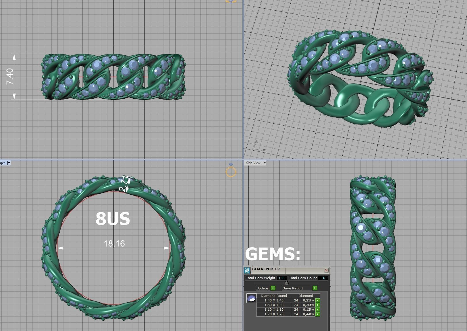 Cuban Diamond Chain Links Ring 3Dmodel 8US size 3D print model_5