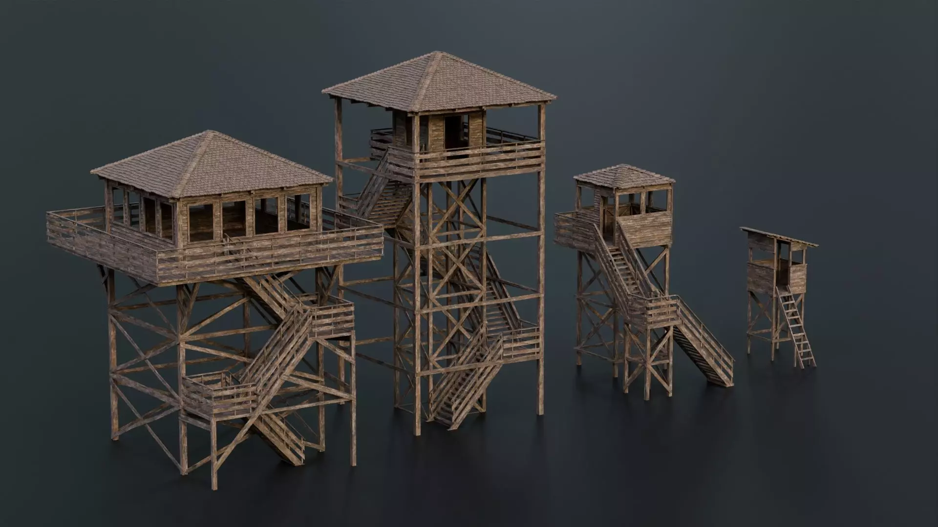 Wooden observation towers in a modern style 4 pcs Low-poly 3D model_0