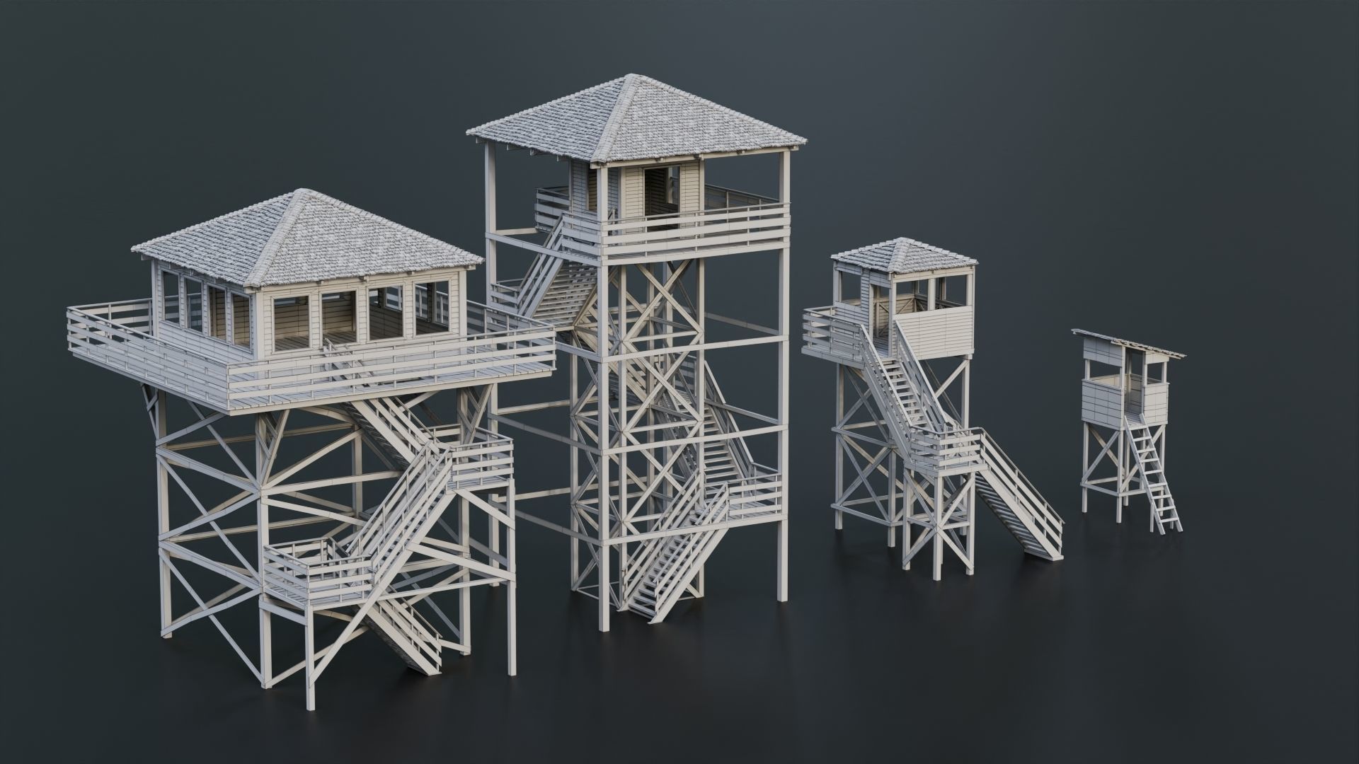 Wooden observation towers in a modern style 4 pcs Low-poly 3D model_7