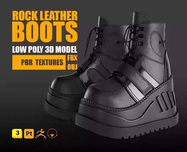 Rock Leather Boot Low-poly 3D model PBR Textures Low-poly 3D model