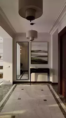 Interior designed scene with living room kitchen and dining area