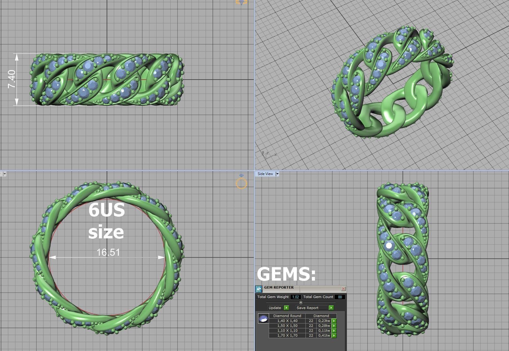 Miami Cuban Diamond Chain Ring 3Dmodel 6US size  3D print model_7