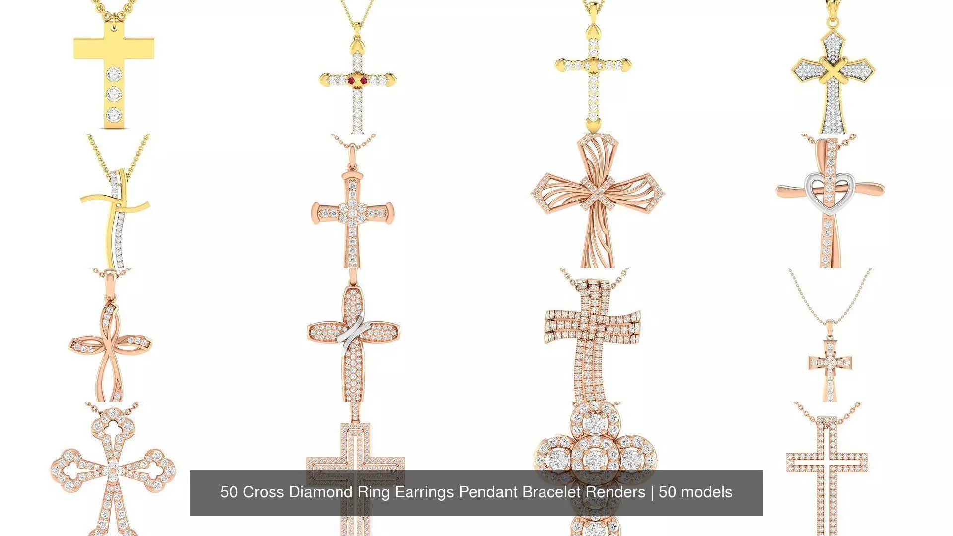 50 Cross Diamond Ring Earrings Pendant Bracelet Renders 3D Model Collection_1