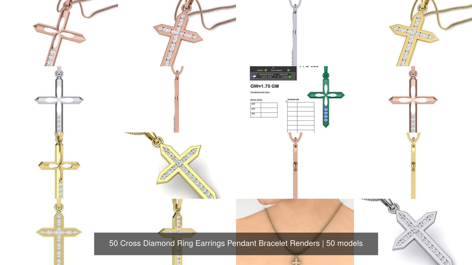 50 Cross Diamond Ring Earrings Pendant Bracelet Renders 3D Model Collection_6