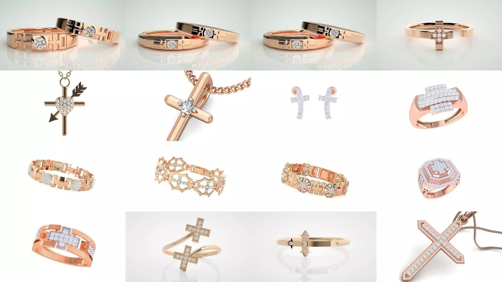 50 Cross Diamond Ring Earrings Pendant Bracelet Renders 3D Model Collection_0