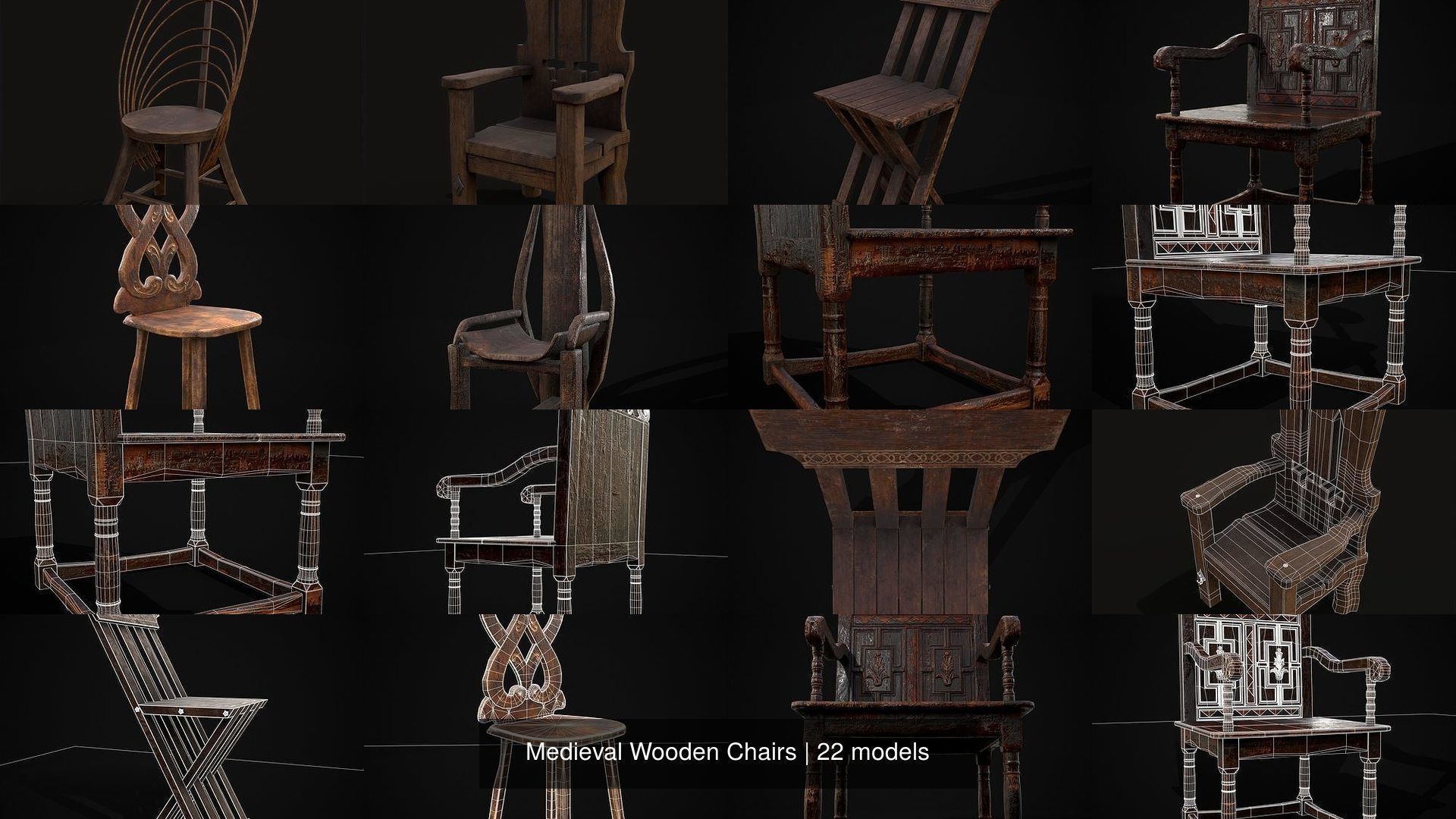Medieval Wooden Chairs 3D Model Collection_25