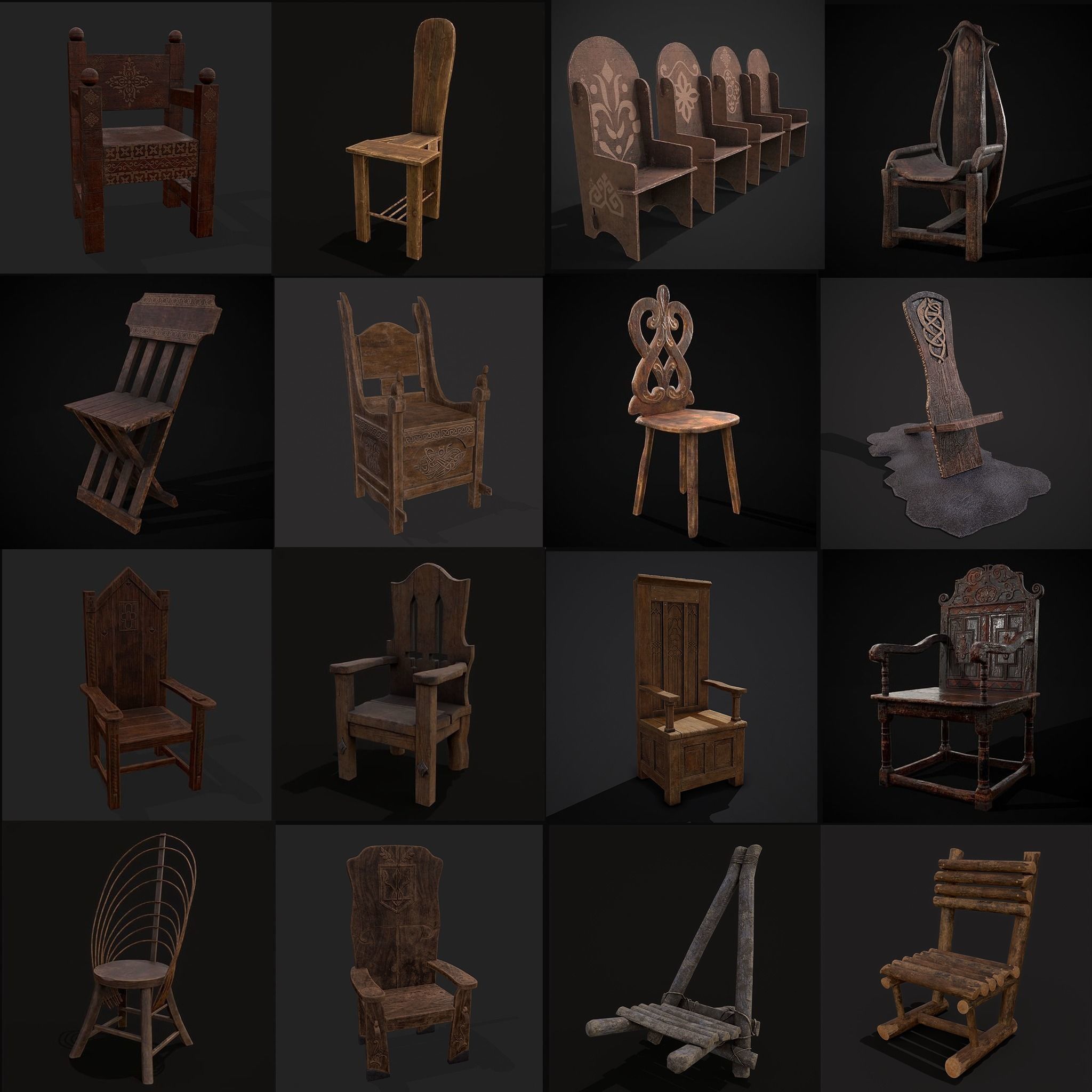 Medieval Wooden Chairs 3D Model Collection_26