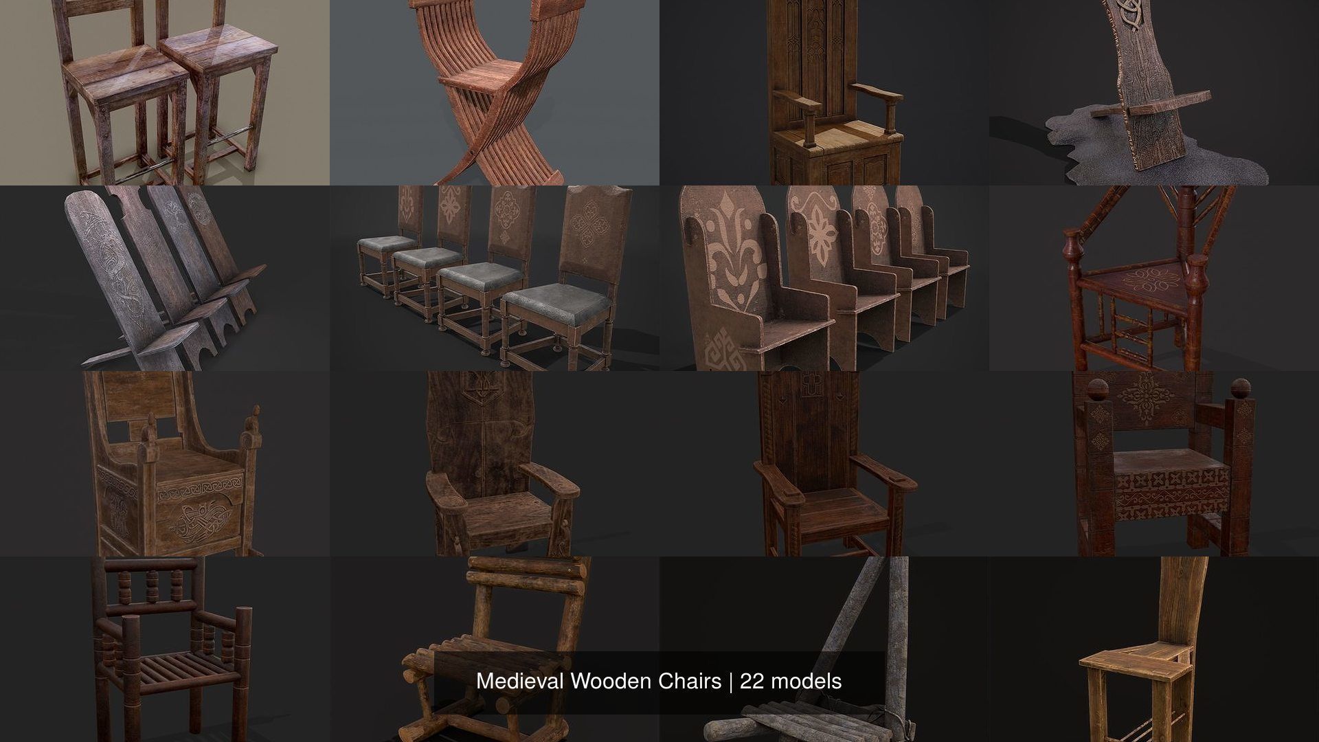 Medieval Wooden Chairs 3D Model Collection_24