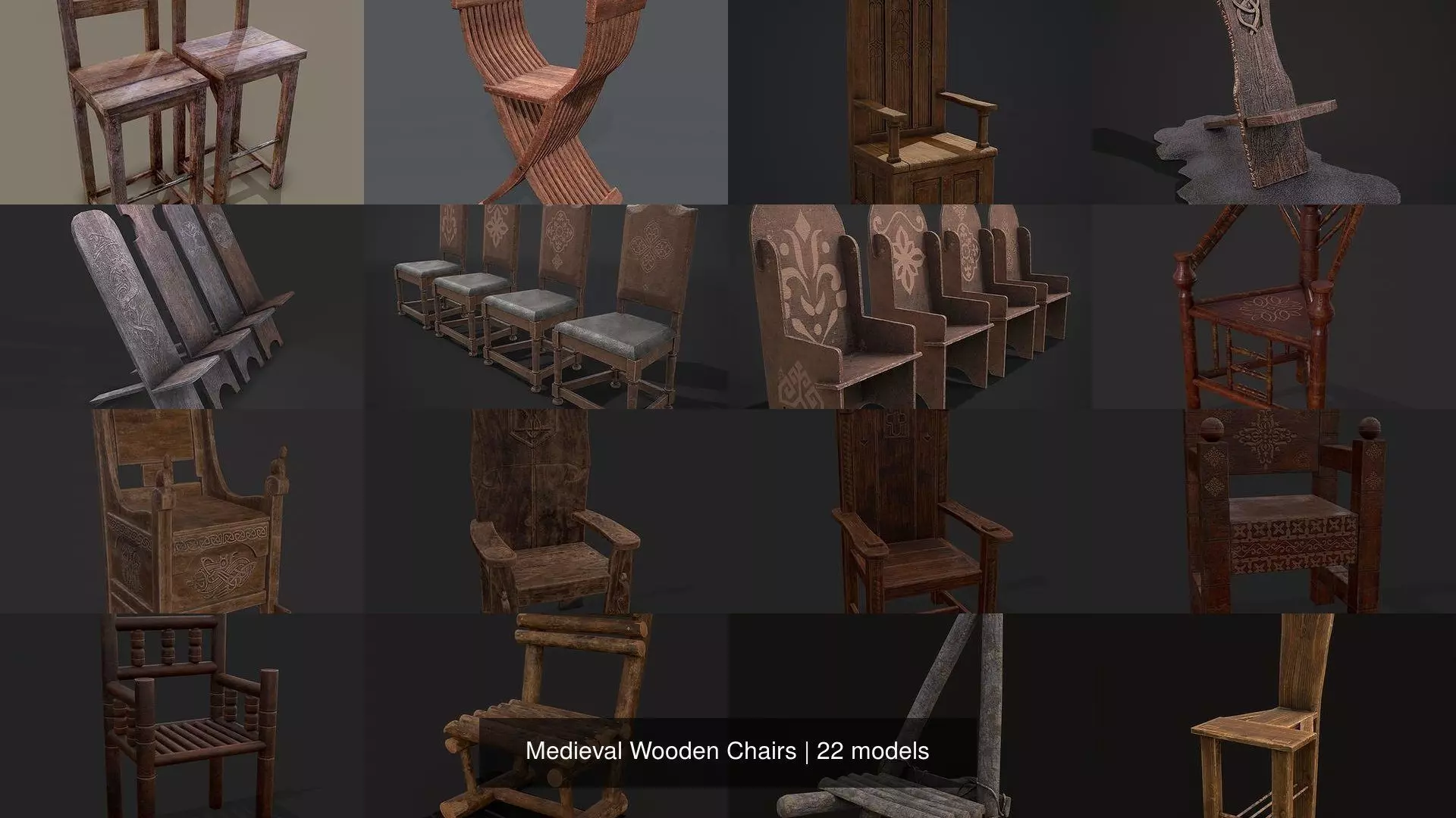 Medieval Wooden Chairs 3D Model Collection_23