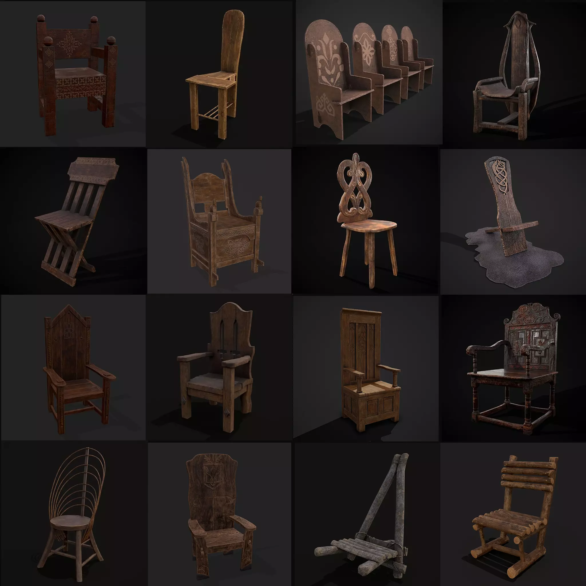 Medieval Wooden Chairs 3D Model Collection_0