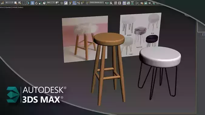 Wooden and metal stools in 3ds Max Low-poly 3D model