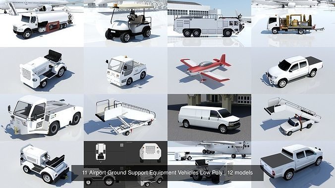 11 Airport static Ground Support Equipment Vehicles Low Poly 3D Model Collection