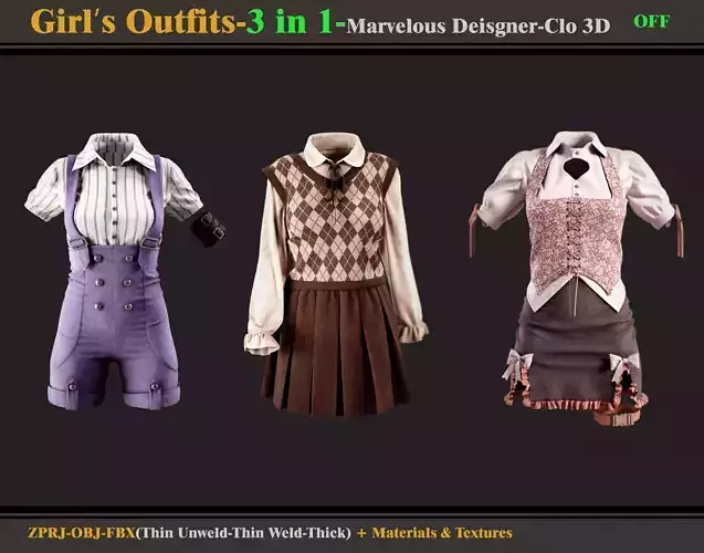 3 in 1 Girls Outfits- MD-Clo3d -OBJ - FBX -Materials-OFF