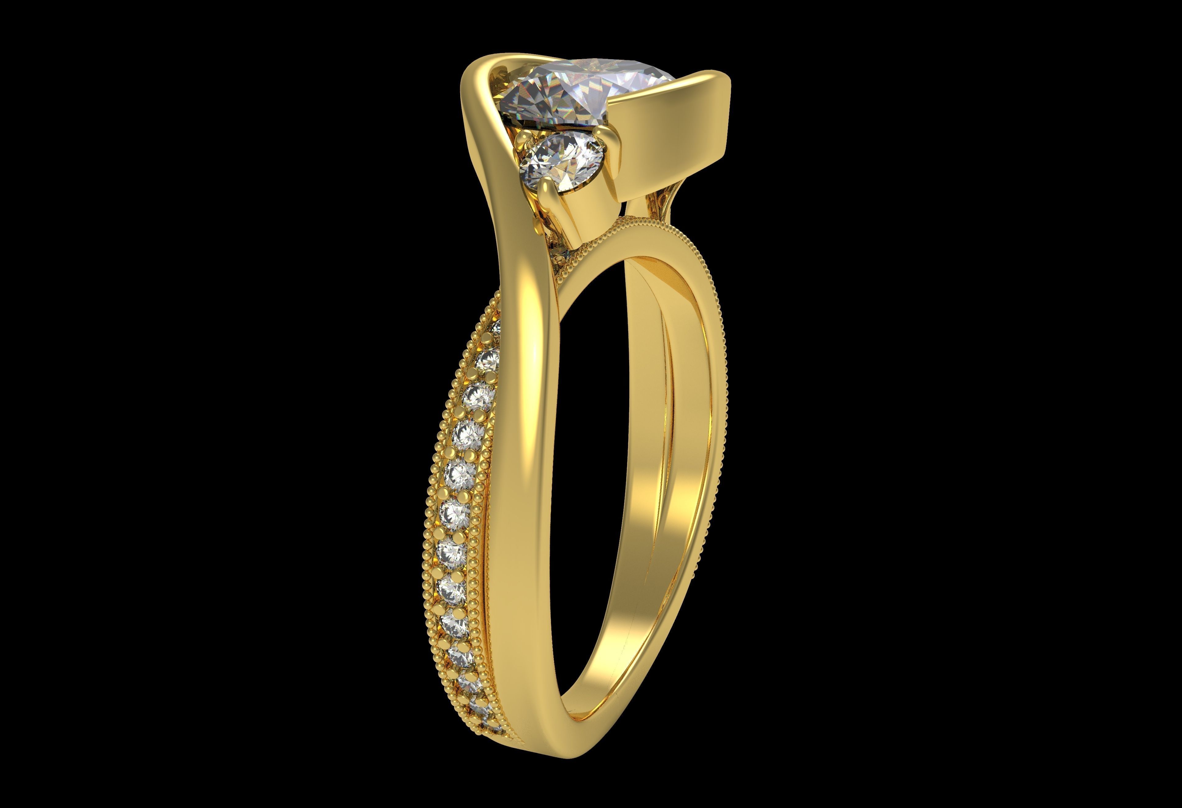 Antique Three Stone Wrapped Shank Diamond Engagement Ring 3D print model_12