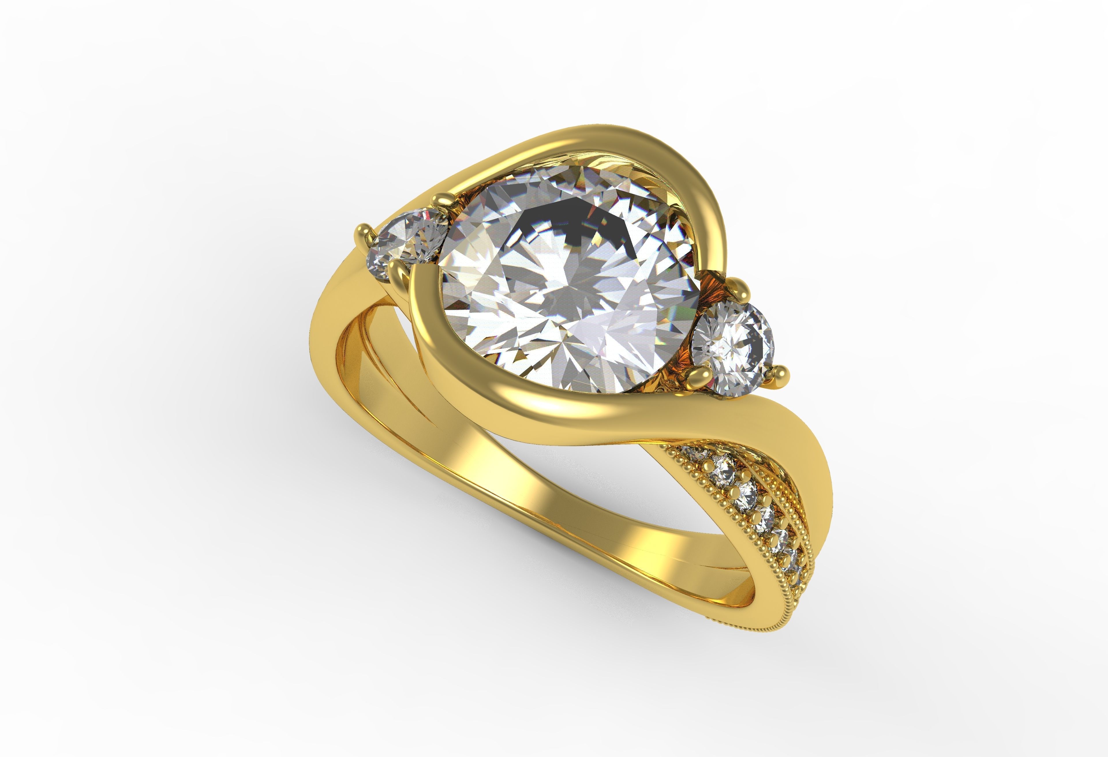 Antique Three Stone Wrapped Shank Diamond Engagement Ring 3D print model_5