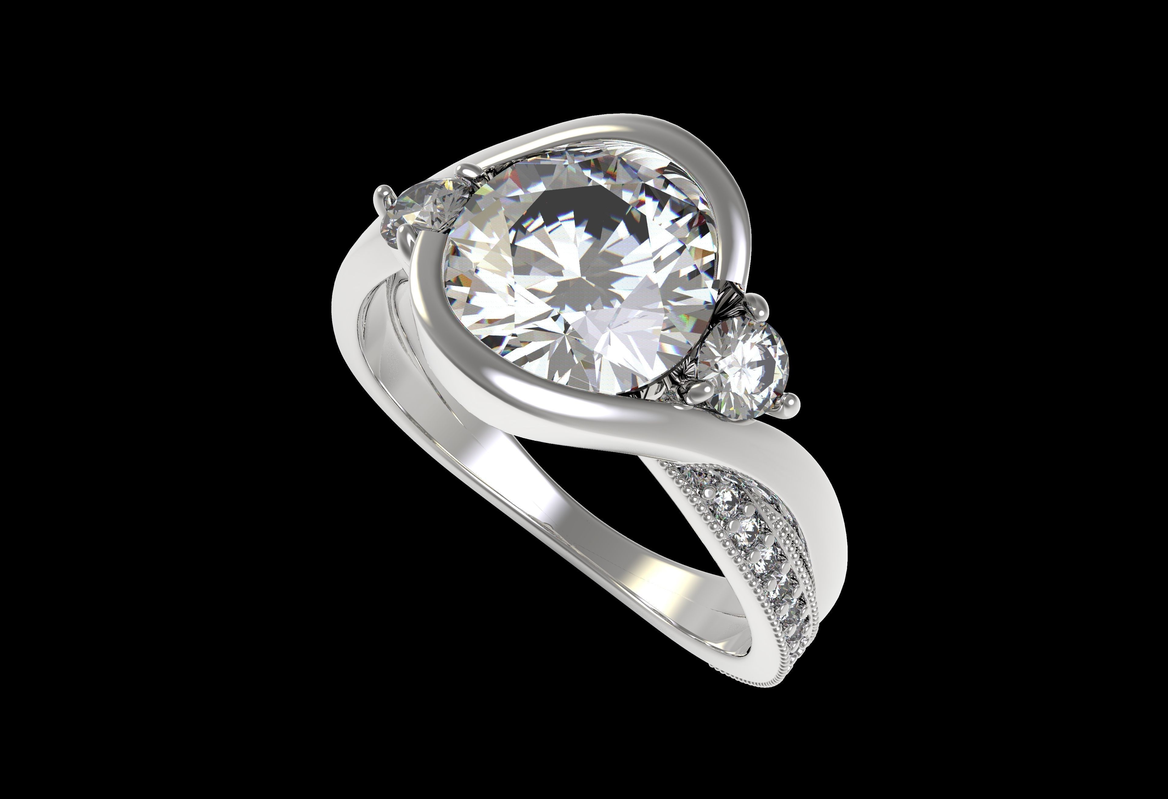 Antique Three Stone Wrapped Shank Diamond Engagement Ring 3D print model_14