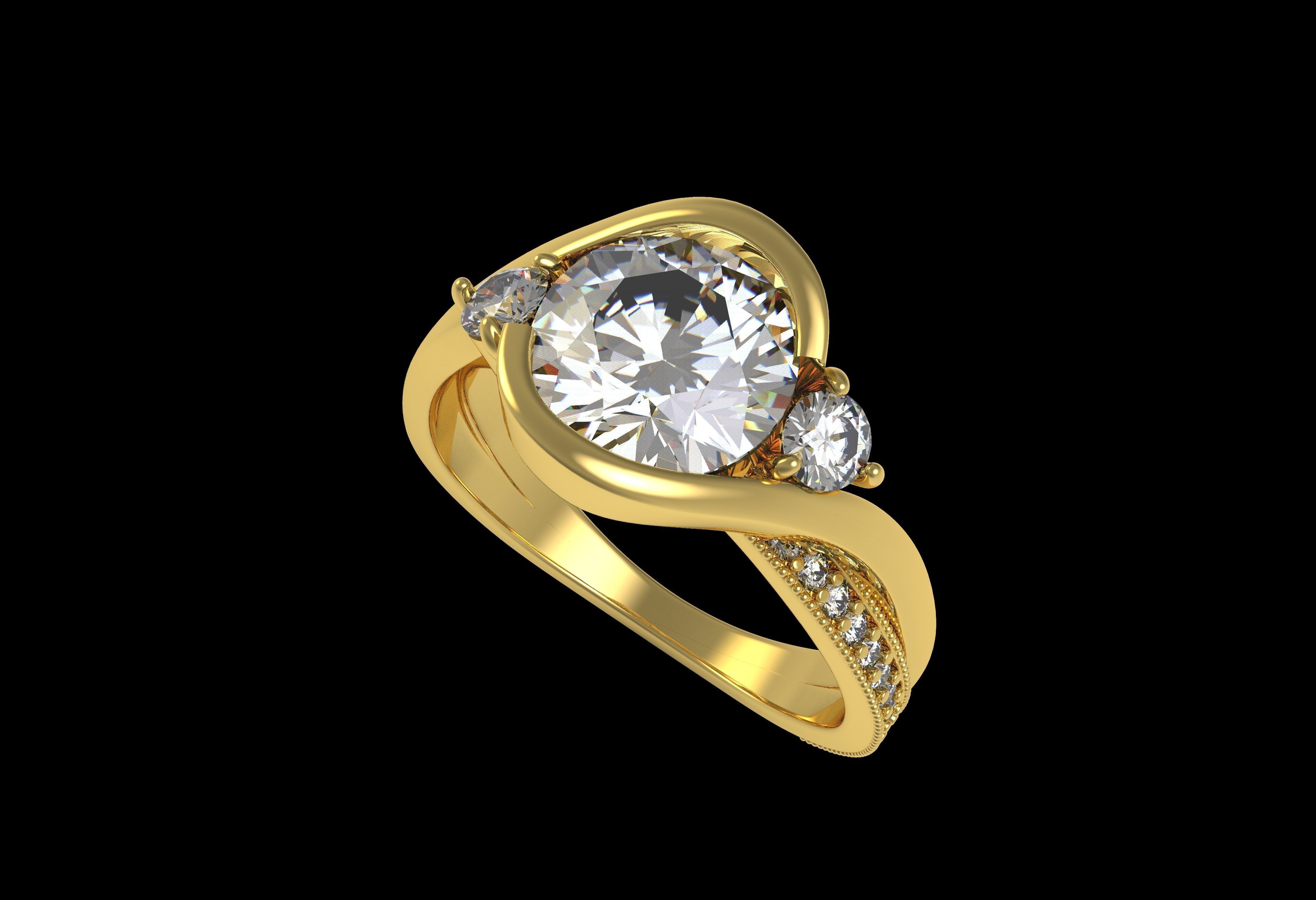 Antique Three Stone Wrapped Shank Diamond Engagement Ring 3D print model_9