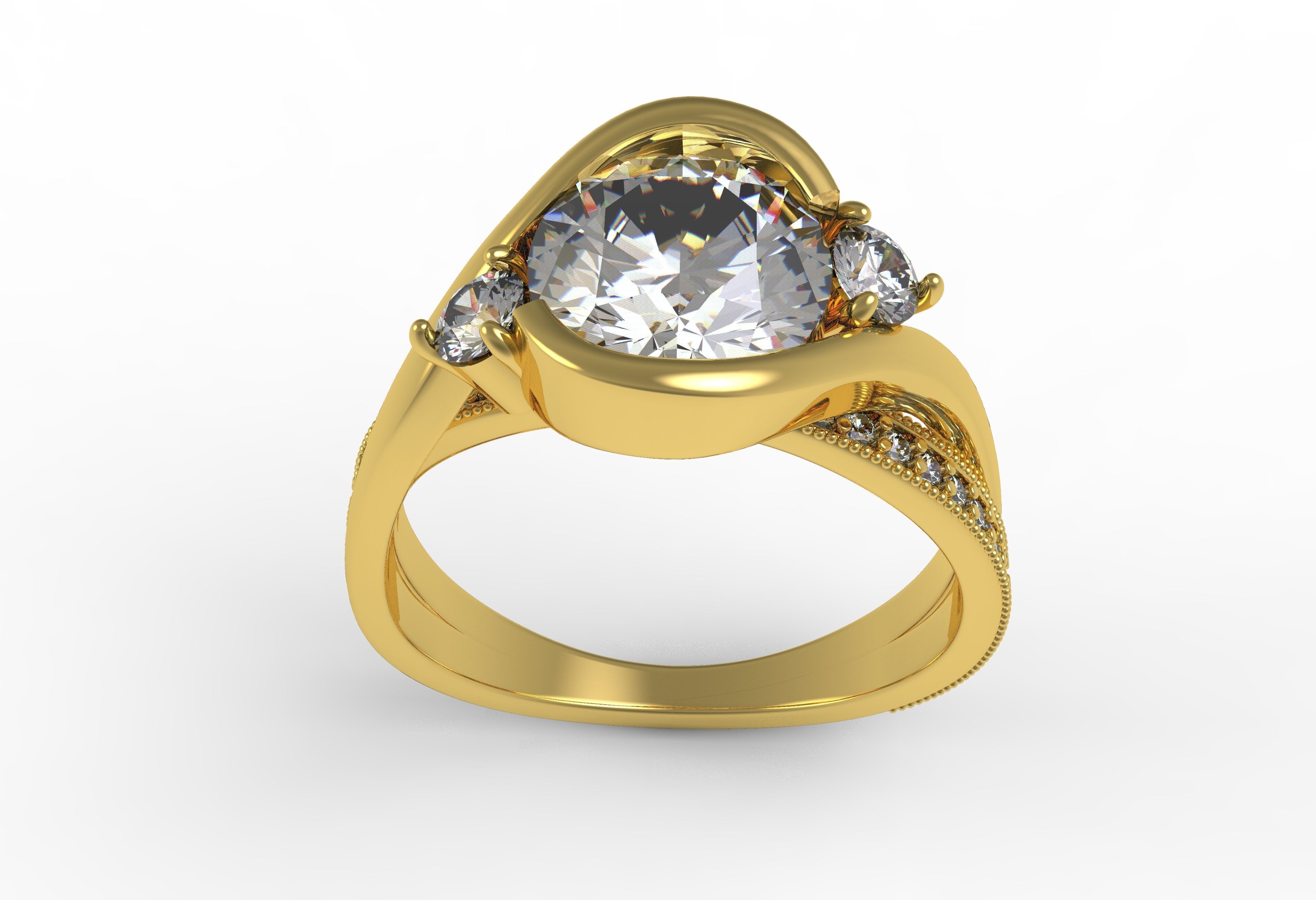 Antique Three Stone Wrapped Shank Diamond Engagement Ring 3D print model_4