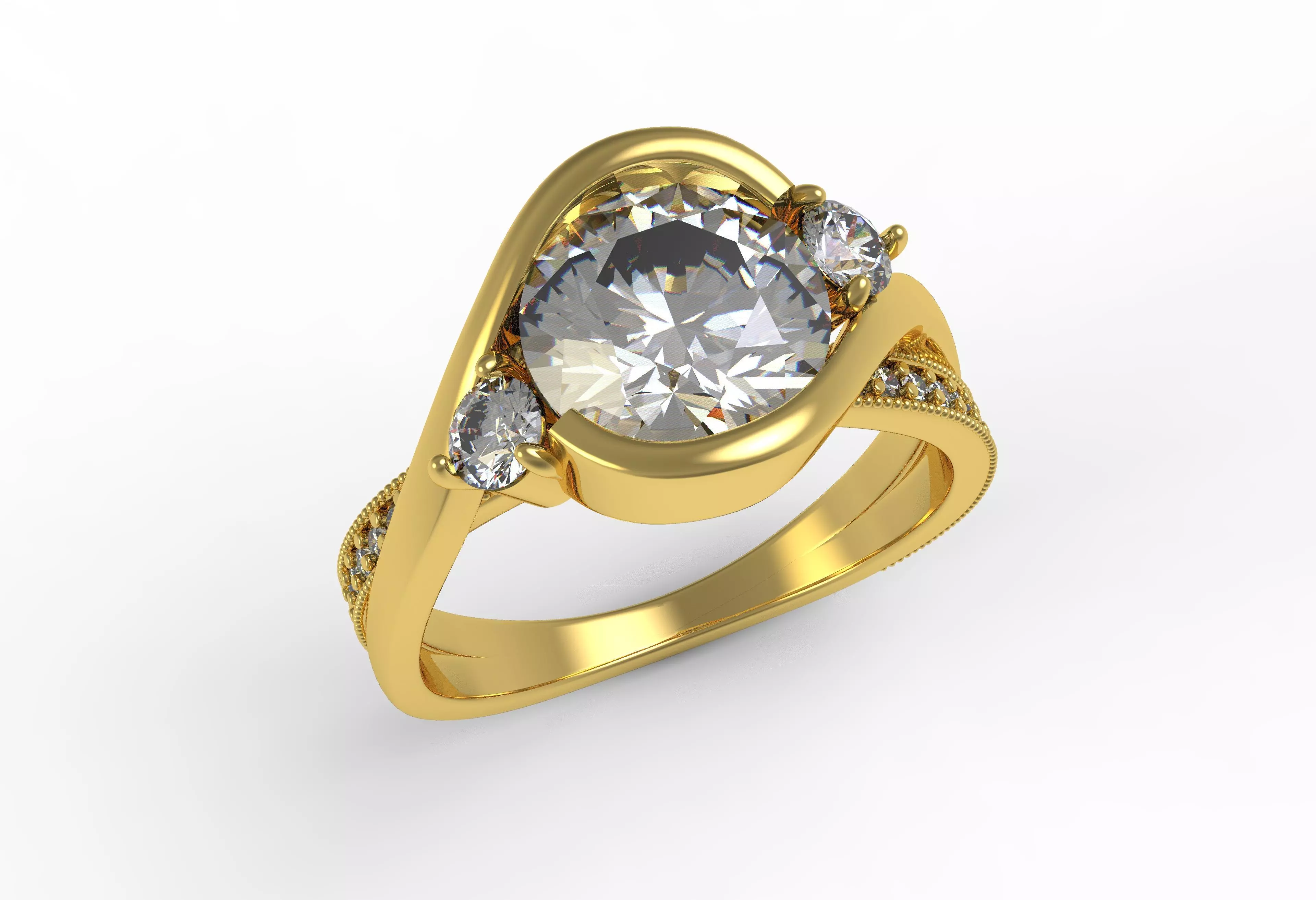 Antique Three Stone Wrapped Shank Diamond Engagement Ring 3D print model_0