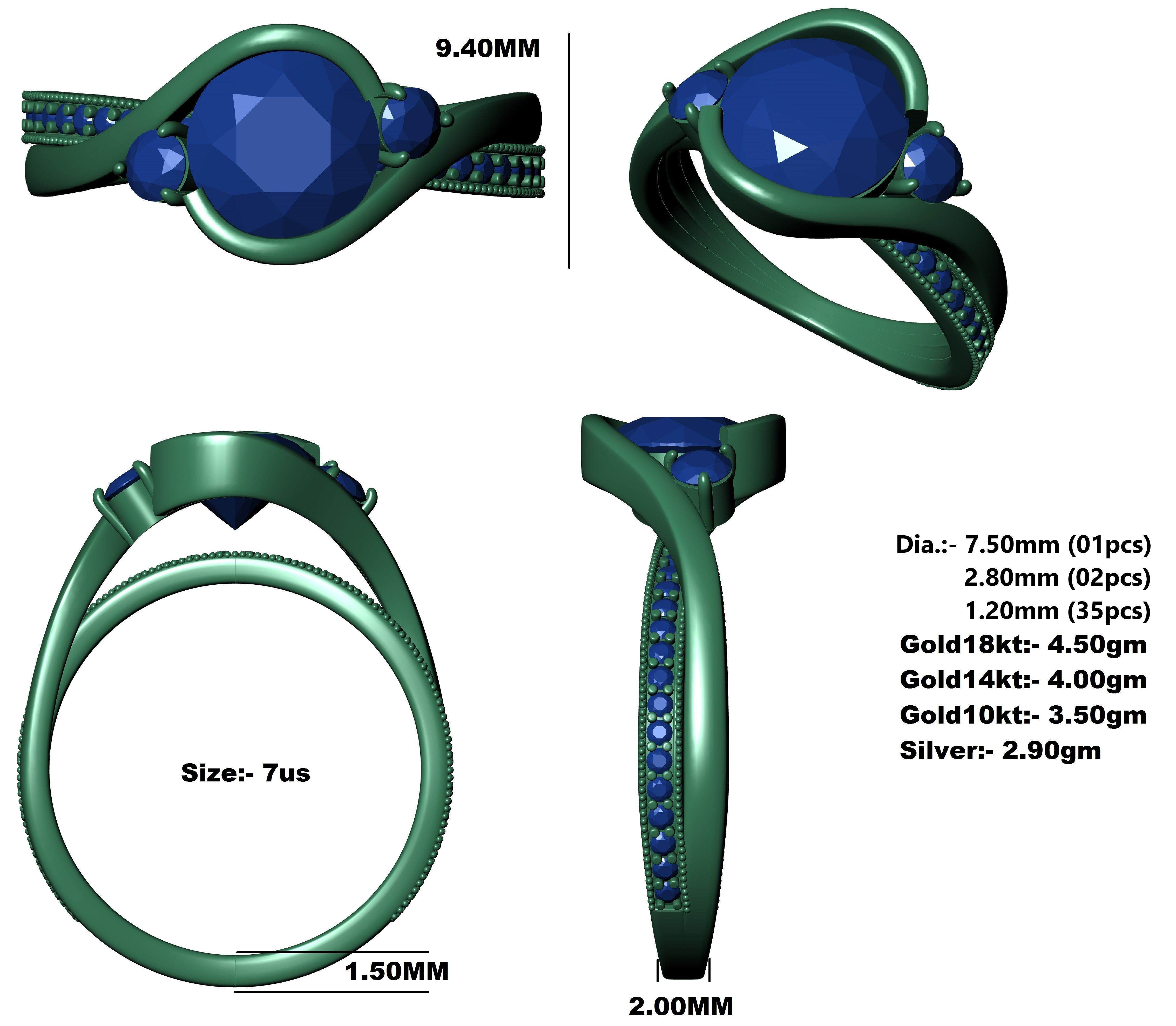 Antique Three Stone Wrapped Shank Diamond Engagement Ring 3D print model_17