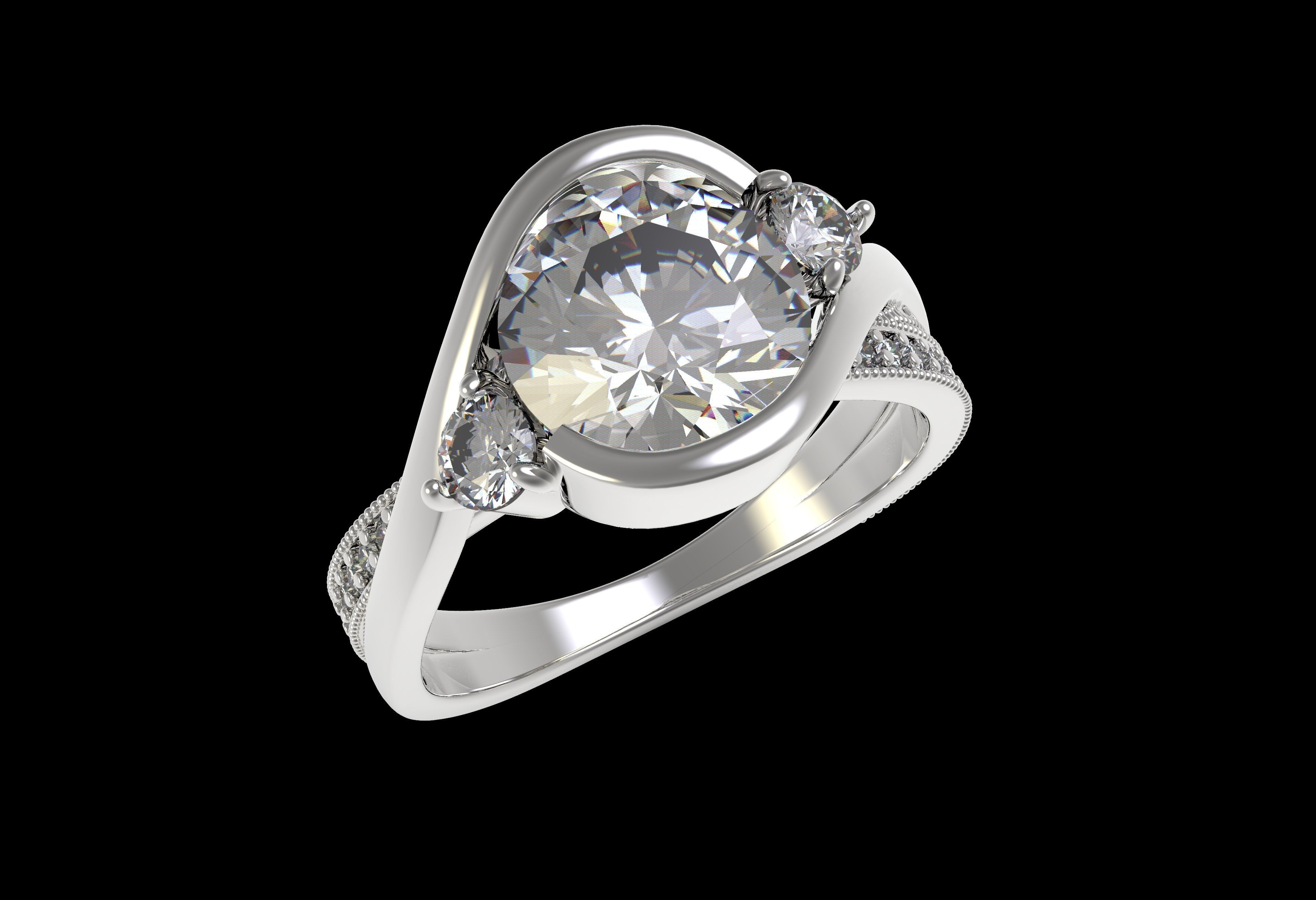 Antique Three Stone Wrapped Shank Diamond Engagement Ring 3D print model_15