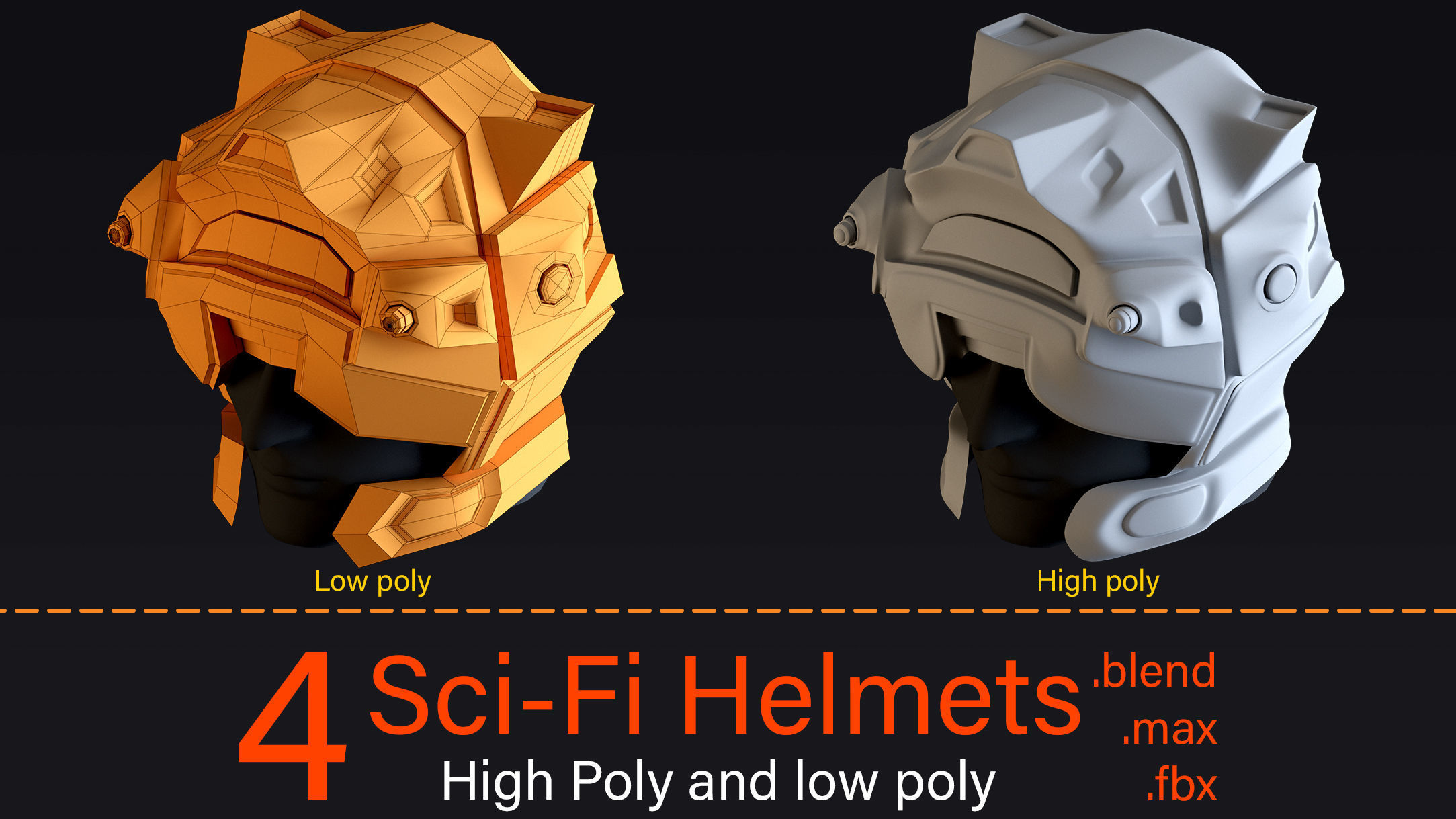 4 Sci-Fi Helmets-High poly and Low poly 3D model_2