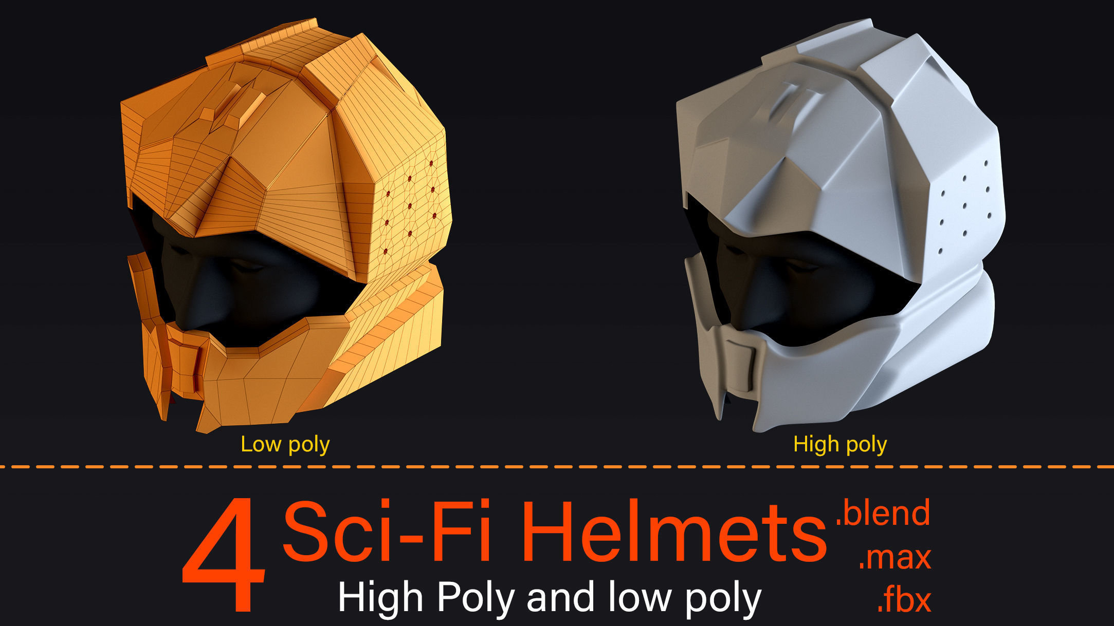 4 Sci-Fi Helmets-High poly and Low poly 3D model_3