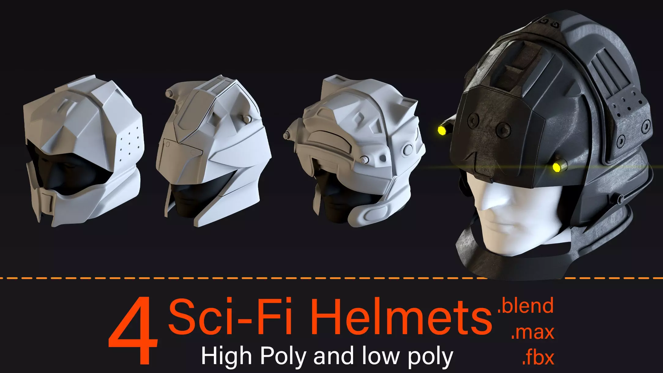 4 Sci-Fi Helmets-High poly and Low poly 3D model_0