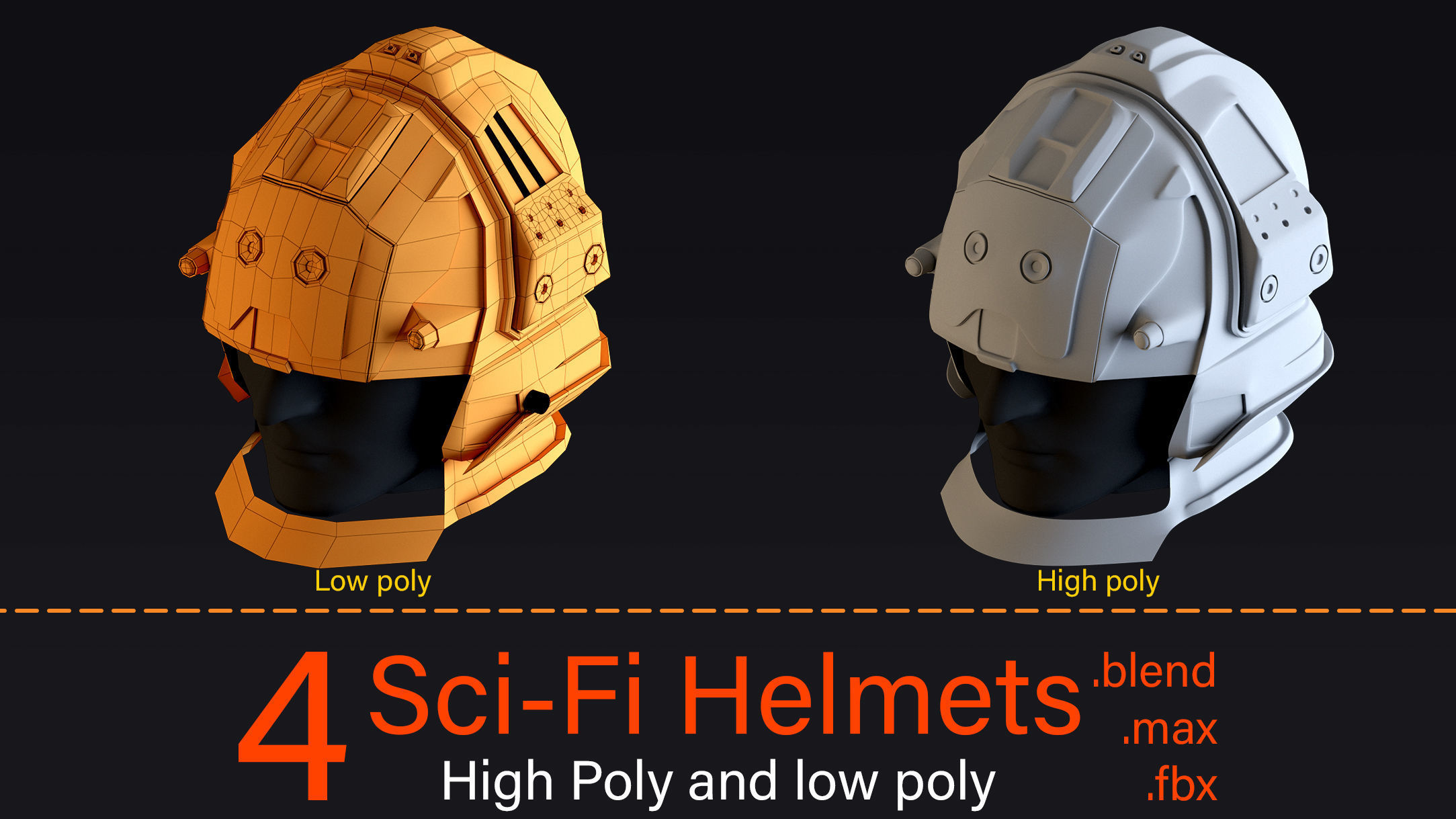 4 Sci-Fi Helmets-High poly and Low poly 3D model_1