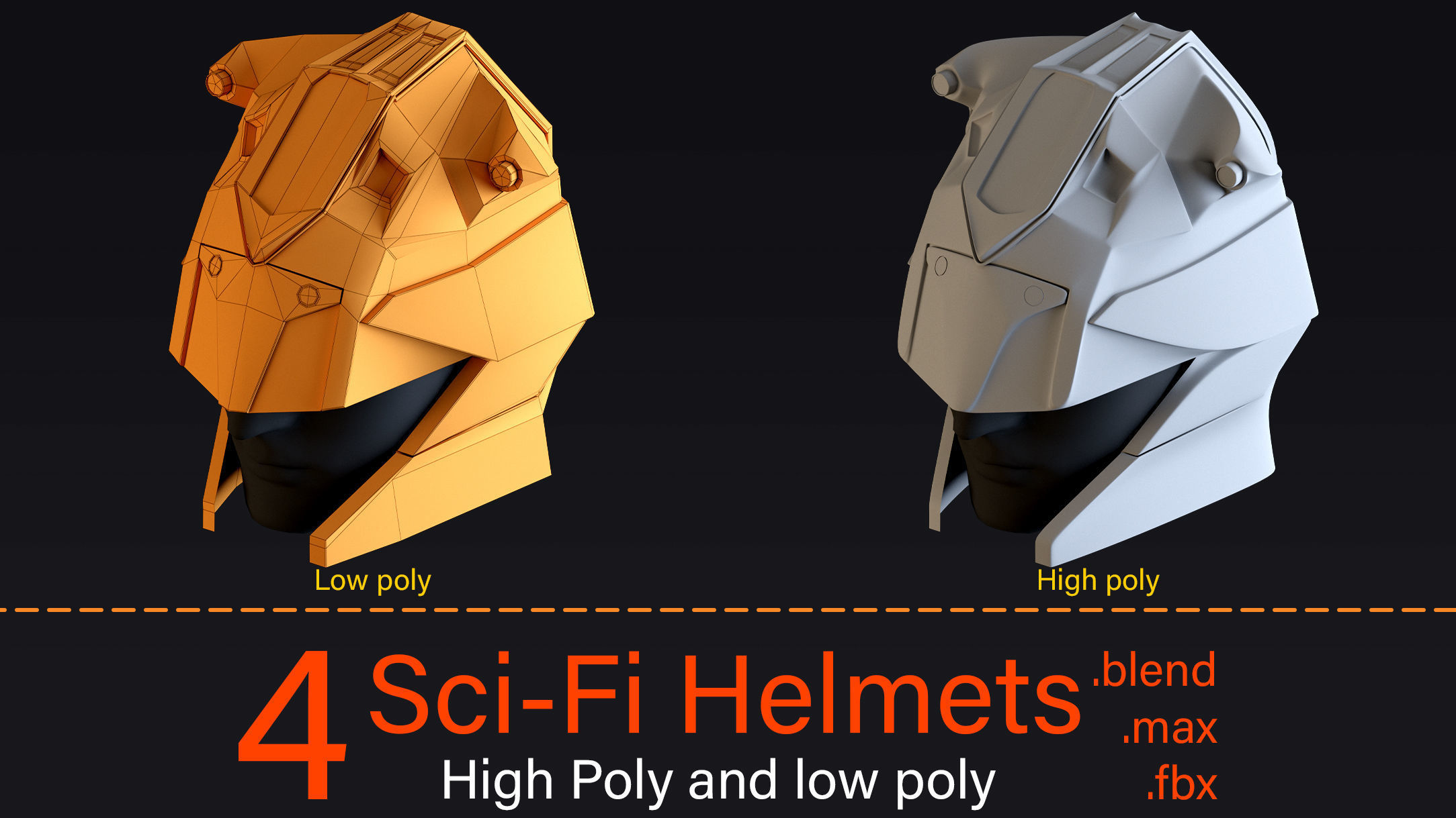 4 Sci-Fi Helmets-High poly and Low poly 3D model_4