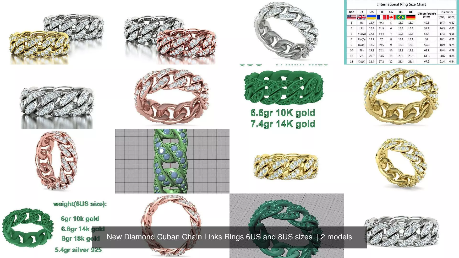 New Diamond Cuban Chain Links Rings 6US and 8US sizes  3D Model Collection_1