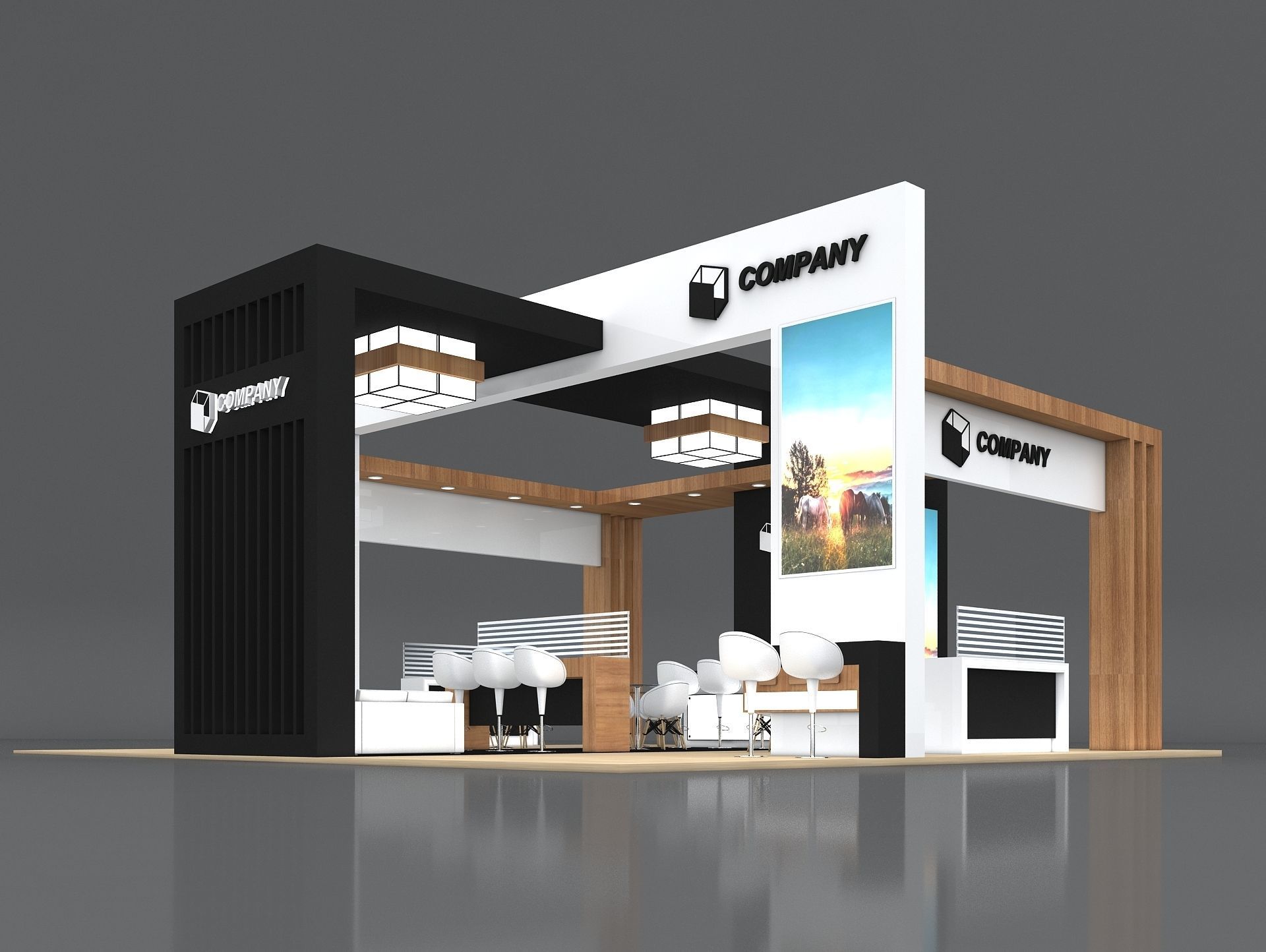 Exhibition Stand Booth Stall 10x10m Height 500cm 4 Side Open 3D model_3